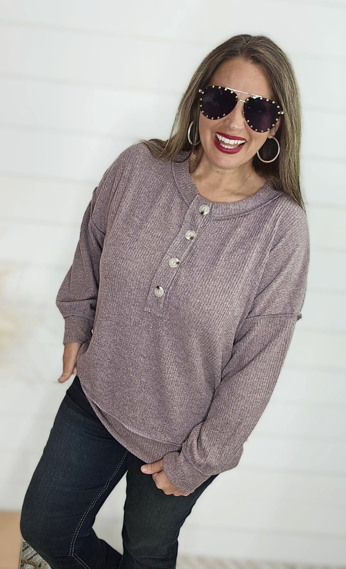 MAUVE BRUSHED RIBBED HENLEY TOP