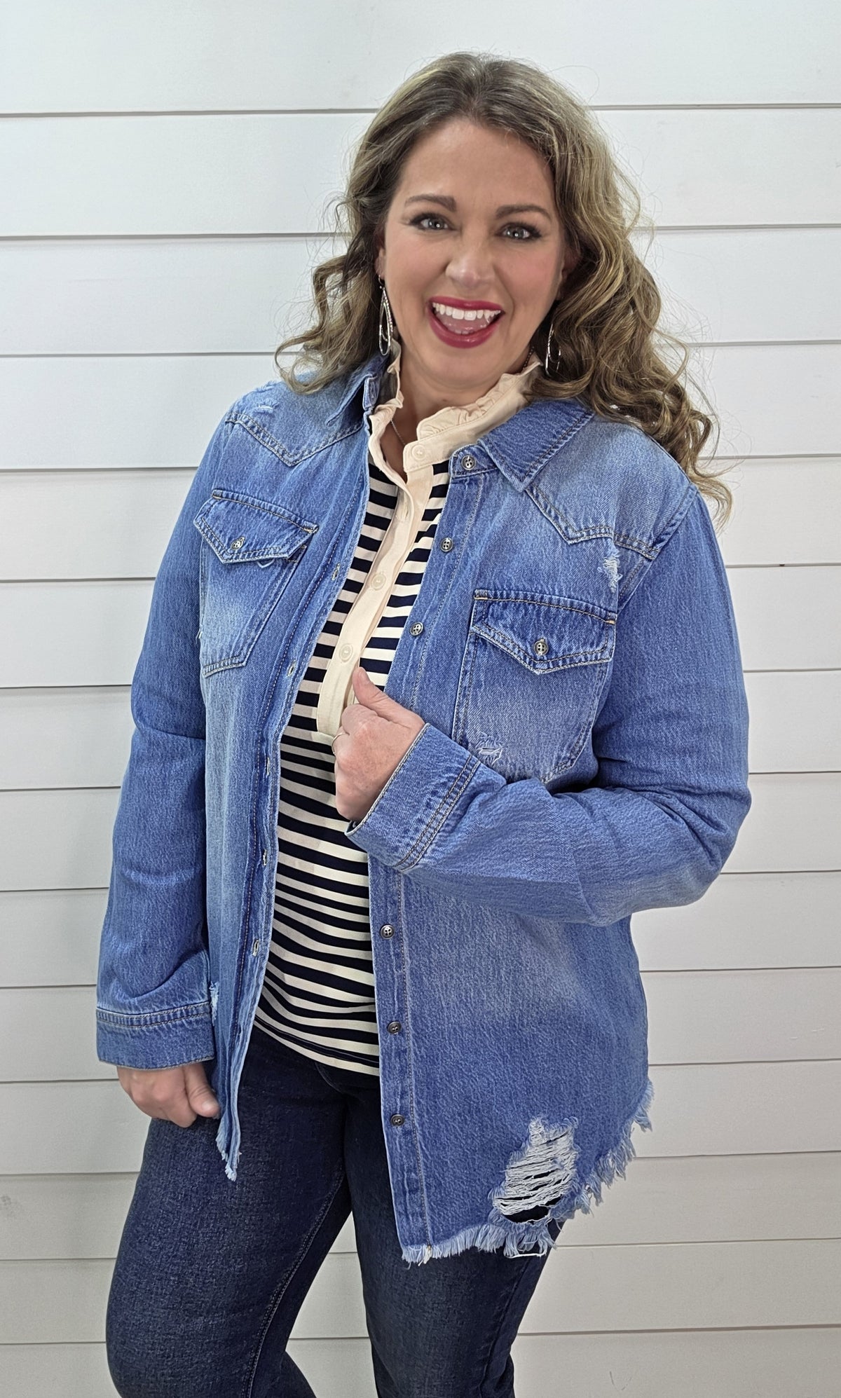 MEDIUM WASH DISTRESSED DENIM SHIRT