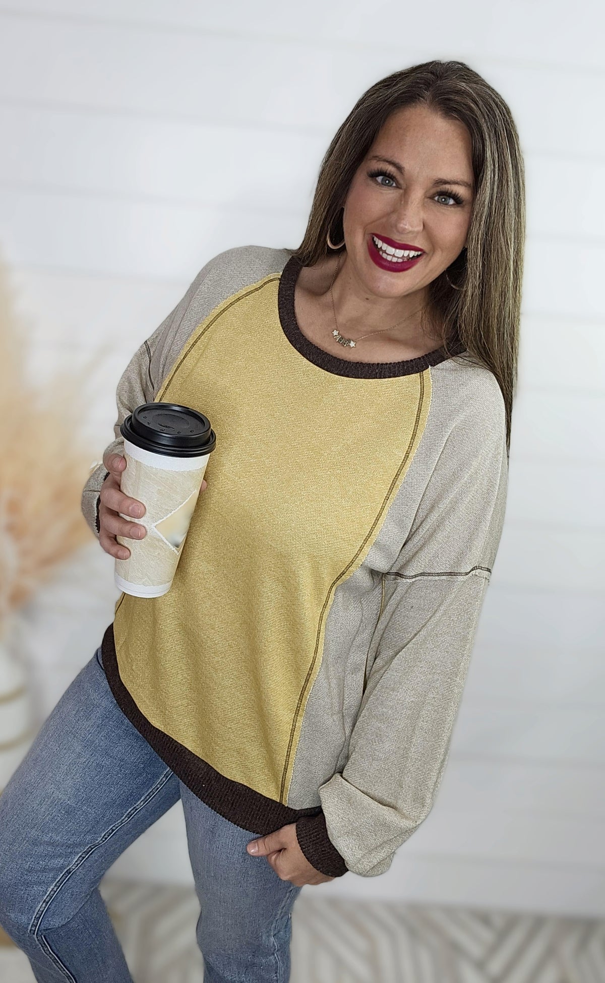 TAUPE/MUSTARD COLORBLOCK FRENCH TERRY PULLOVER