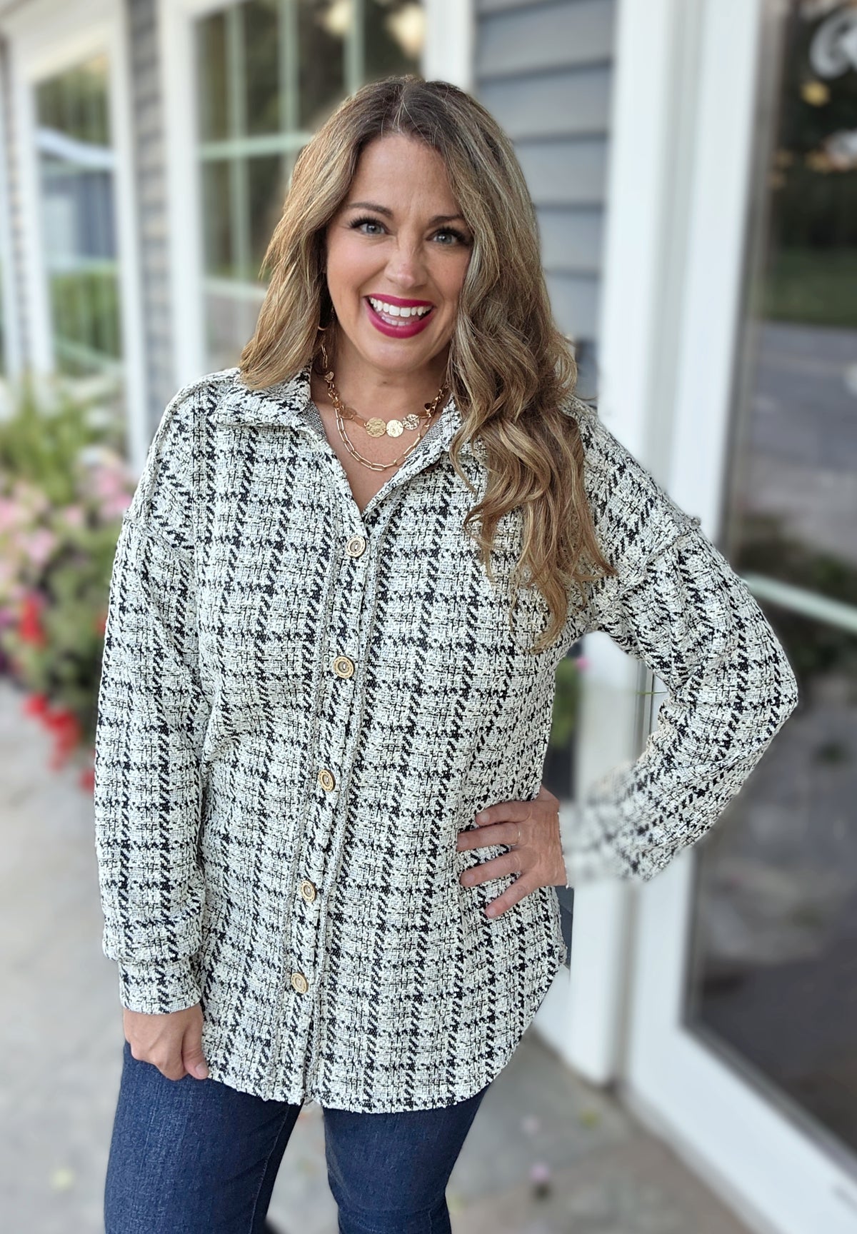 BLACK/CREAM GLITZ FULL BUTTON DOWN TWEED TOP