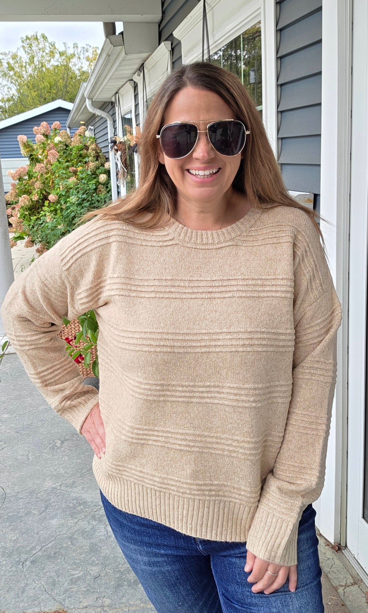 TAUPE Texture Striped, Crew Neck, Long Sleeve Pullover Sweater