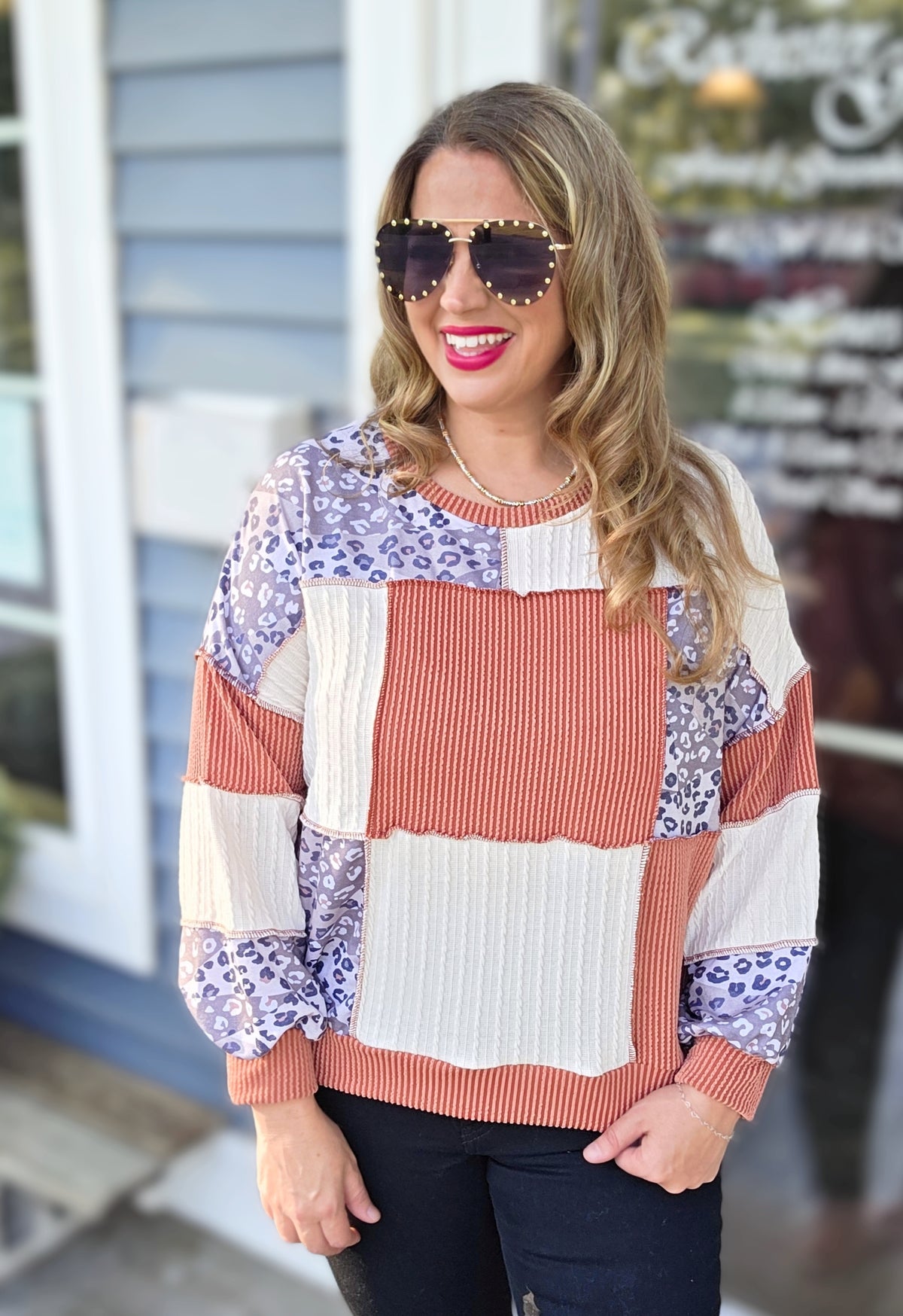 RUST/OATMEAL/ANIMAL CONTRAST PATCHWORK KNIT TOP