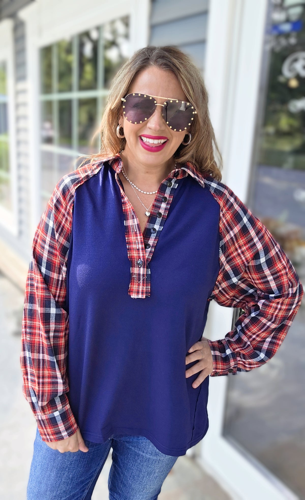 NAVY/RED PLAID CONTRAST FRENCH TERRY TOP