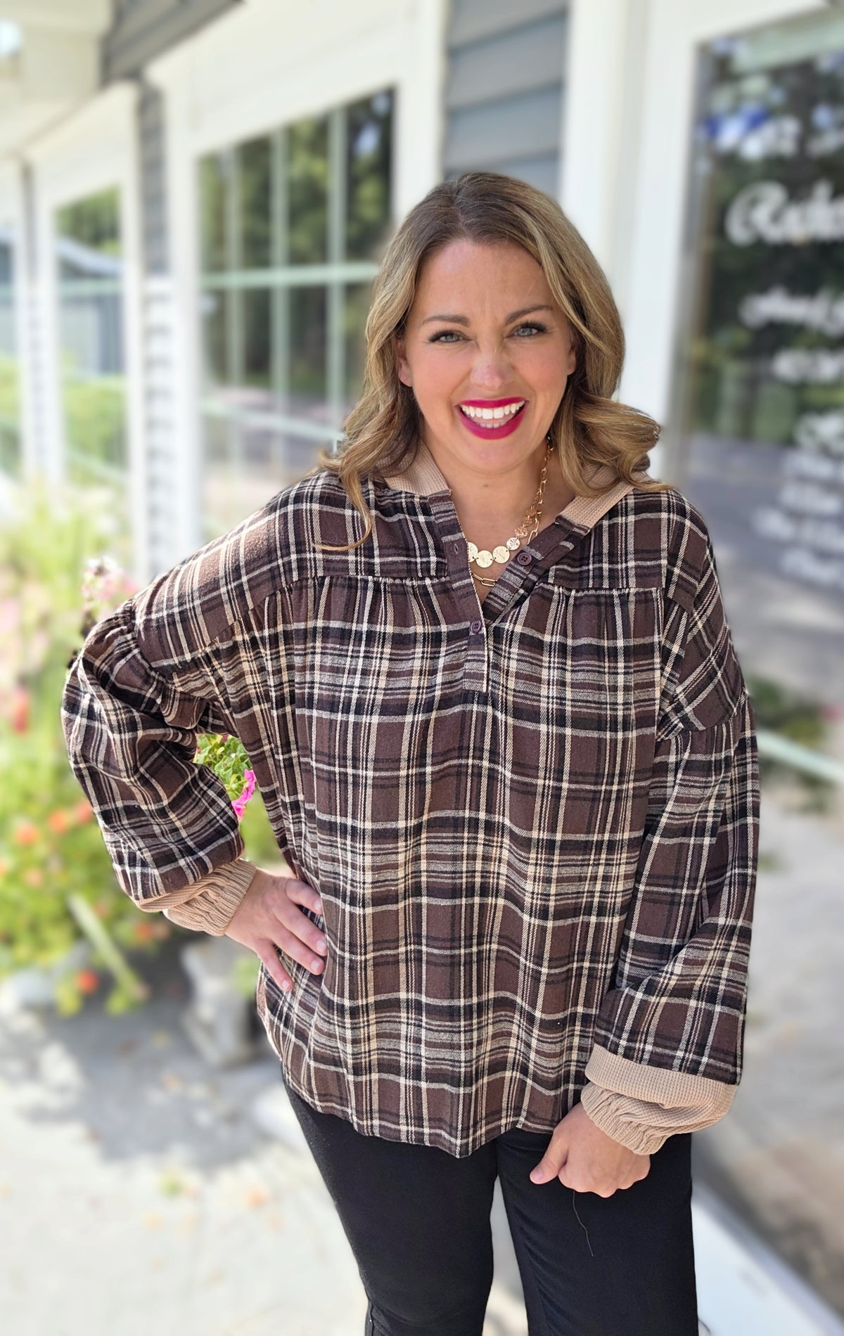 BROWN PLAID LONG SLEEVE HOODED TOP