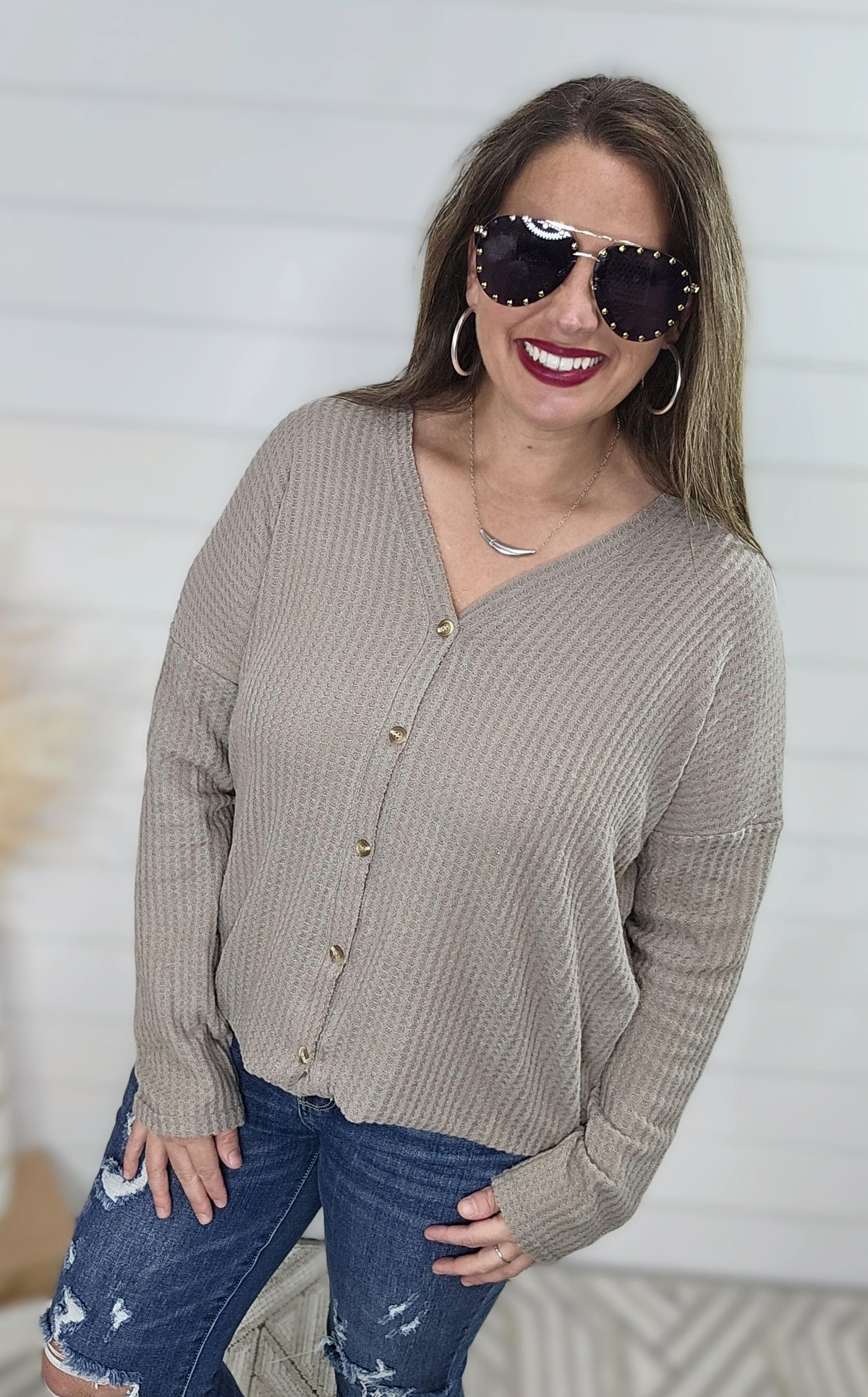 TAUPE WAFFLE KNIT BUTTON DOWN TOP