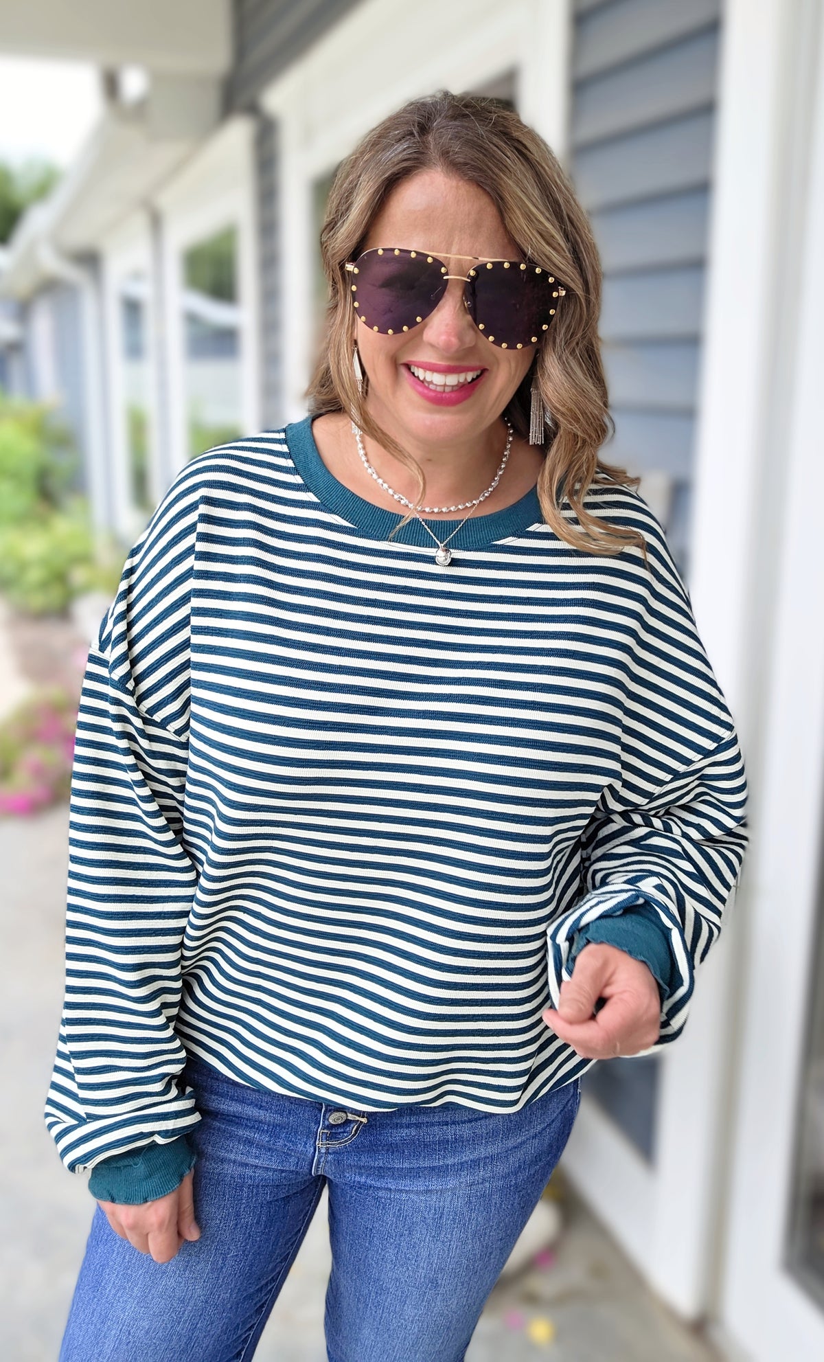 GREEN STRIPED LOOSE FIT KNIT TOP