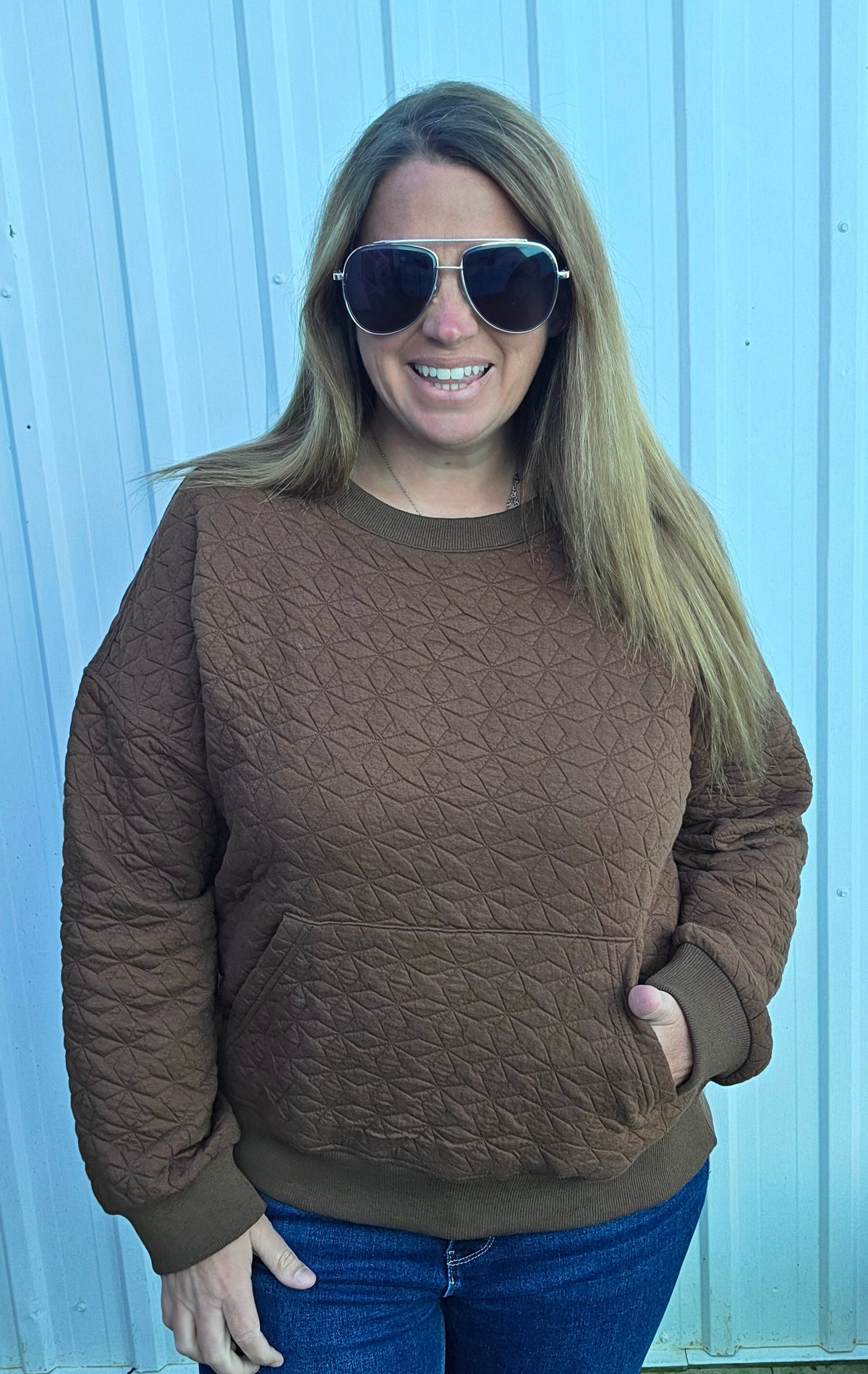 BROWN Crew Neck, Kangaroo Pocket, Quilted Texture Pullover