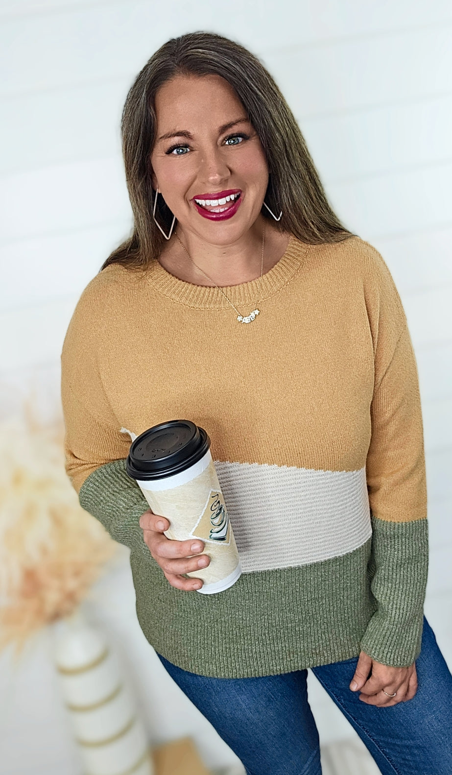 GOLDEN/IVORY/SAGE COLORBLOCK CONTRAST SWEATER