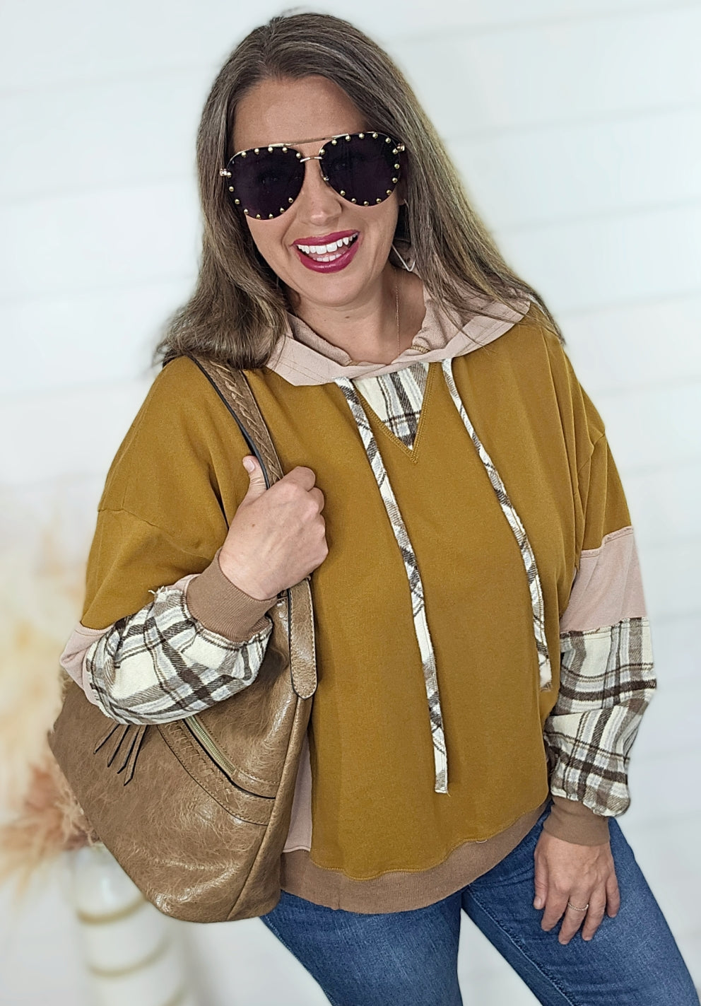 MUSTARD/MOCHA PLAID CONTRAST COTTON BLEND OVERSIZED HOODIE