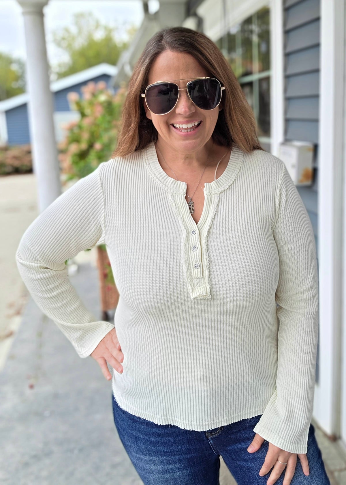Cream Waffle Textured V Neck Button Knit Top