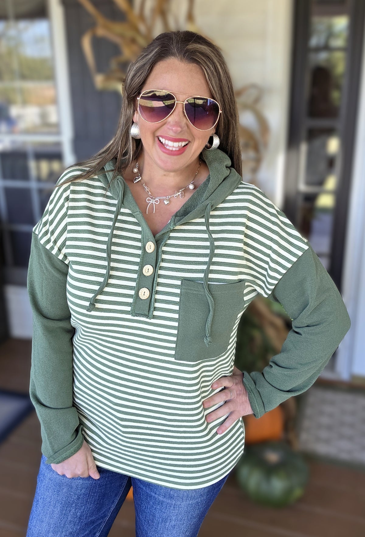 OLIVE STRIPED CONTRAST BUTTON KNIT HOODIE