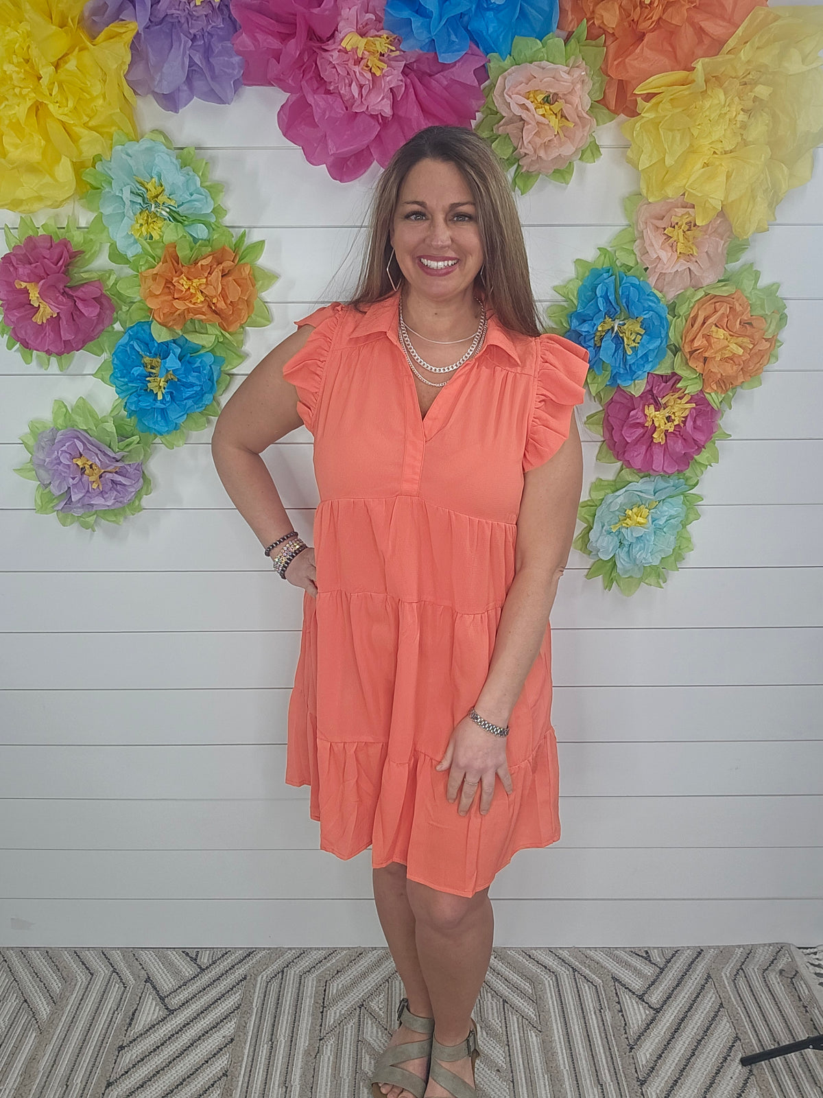 CORAL PINK TIERED DRESS W/ RUFFLE SLEEVE