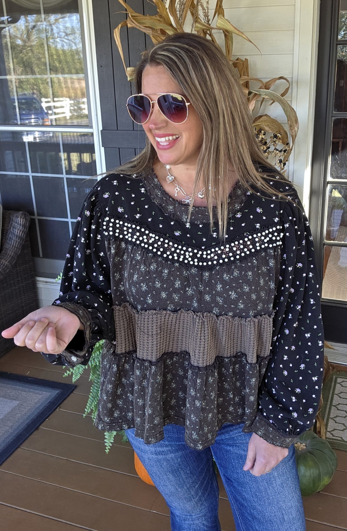 POL BLACK MINERAL WASH OVERSIZED PEARL TRIM TOP