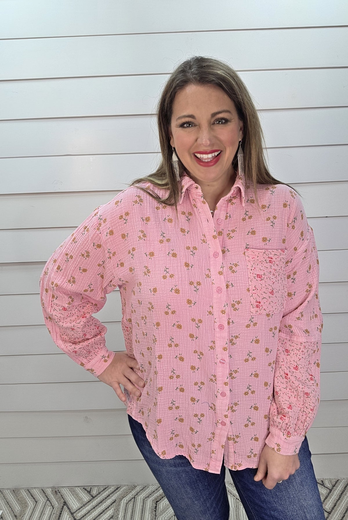 PINK FLORAL CONTRAST COTTON GAUZE BUTTON UP TOP