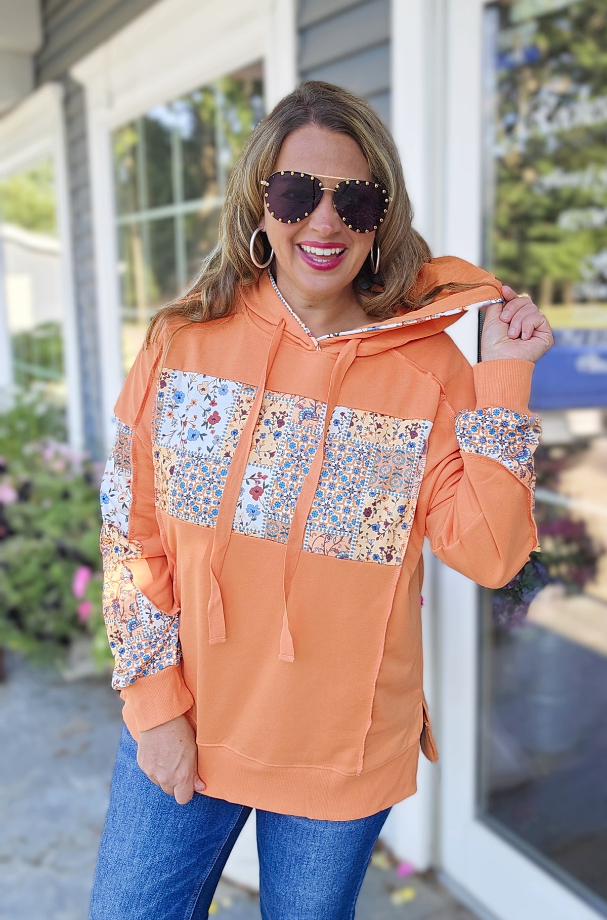 ORANGE FLORAL PATCHWORK PULLOVER HOODIE
