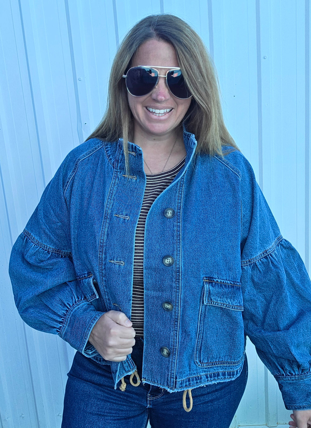 Medium Blue Balloon Sleeve Denim Jacket