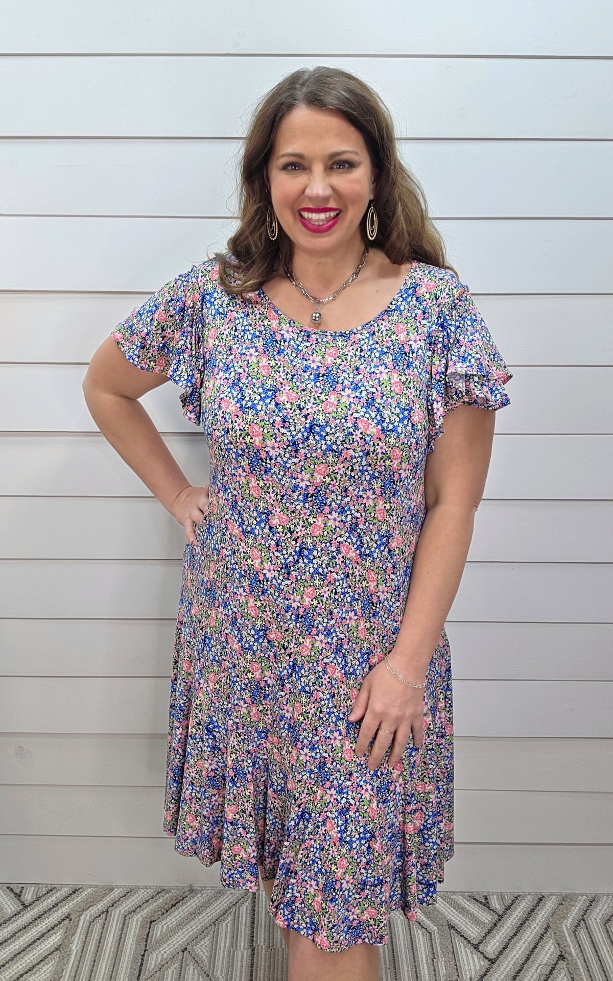 NAVY/PINK PETITE FLORAL DRESS W/ RUFFLE HEM S