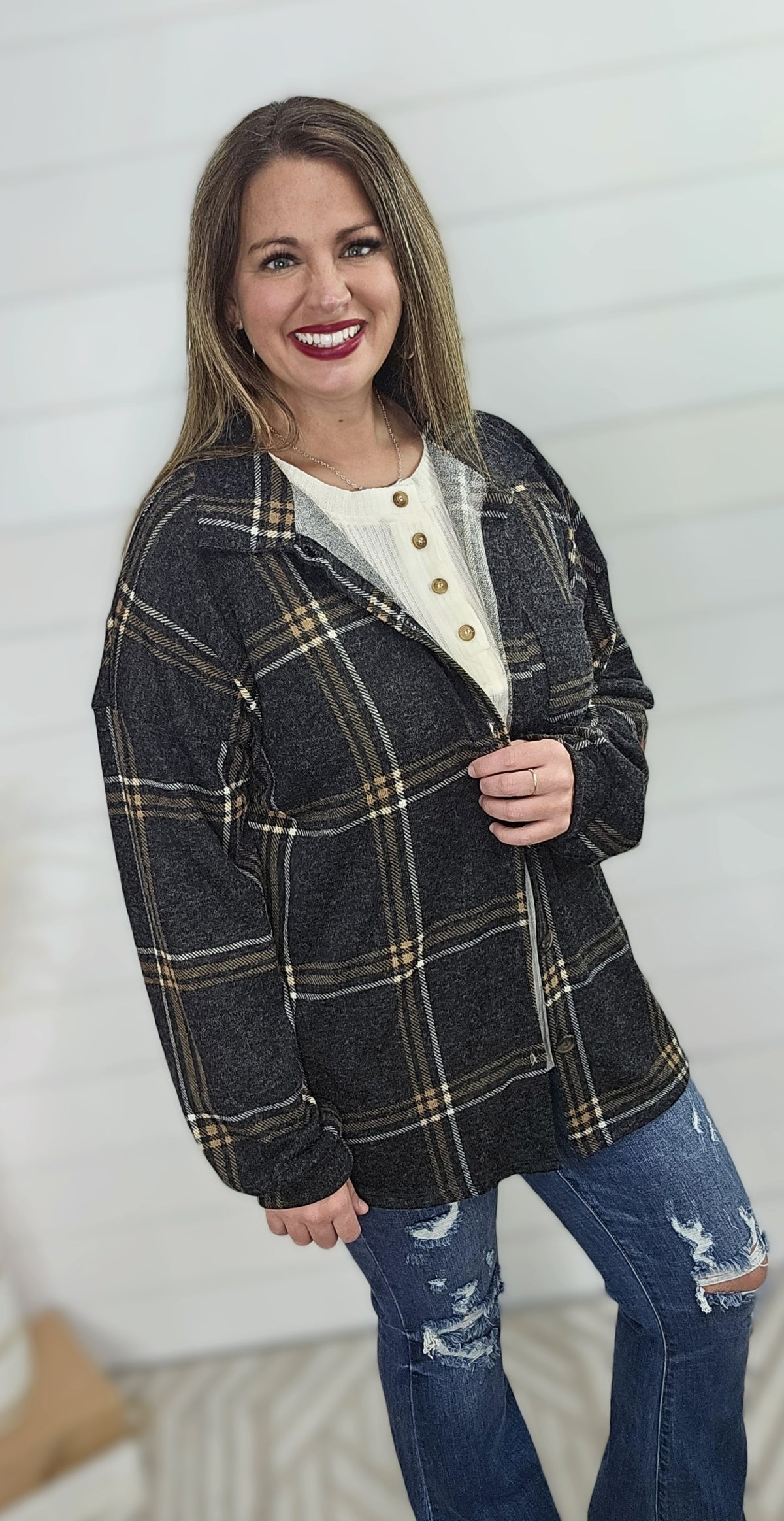 BLACK/CAMEL CHECK BUTTON DOWN TOP