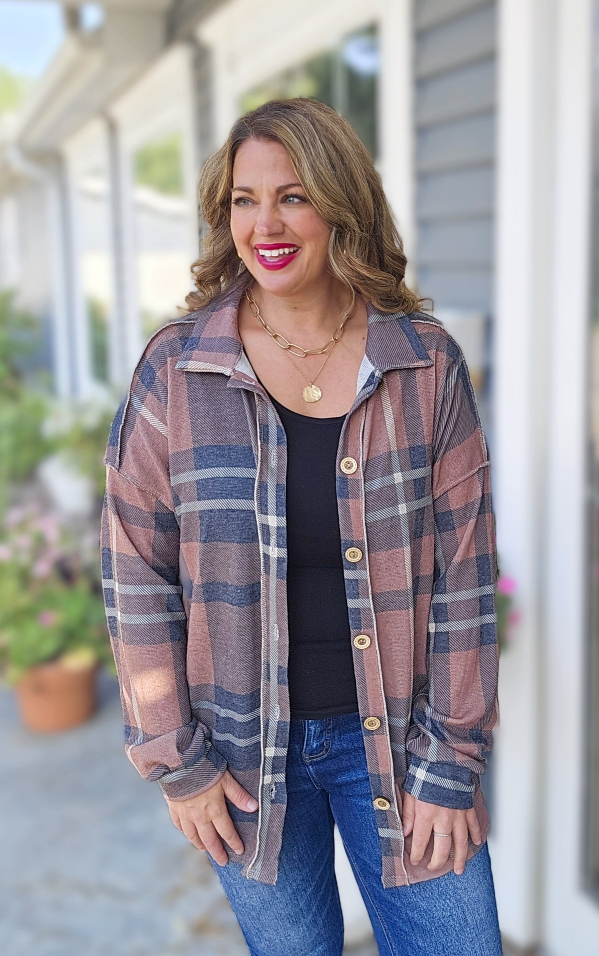 BROWN/BLACK PLAID SOFT BUTTON DOWN KNIT TOP