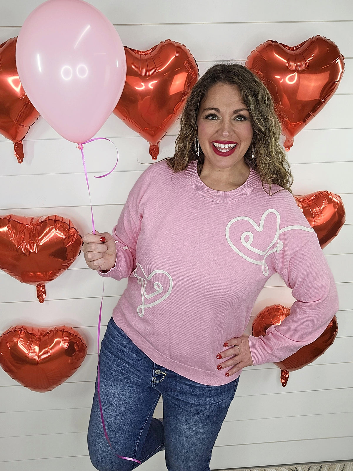 PINK HEART EMBROIDERED PULLOVER SWEATER