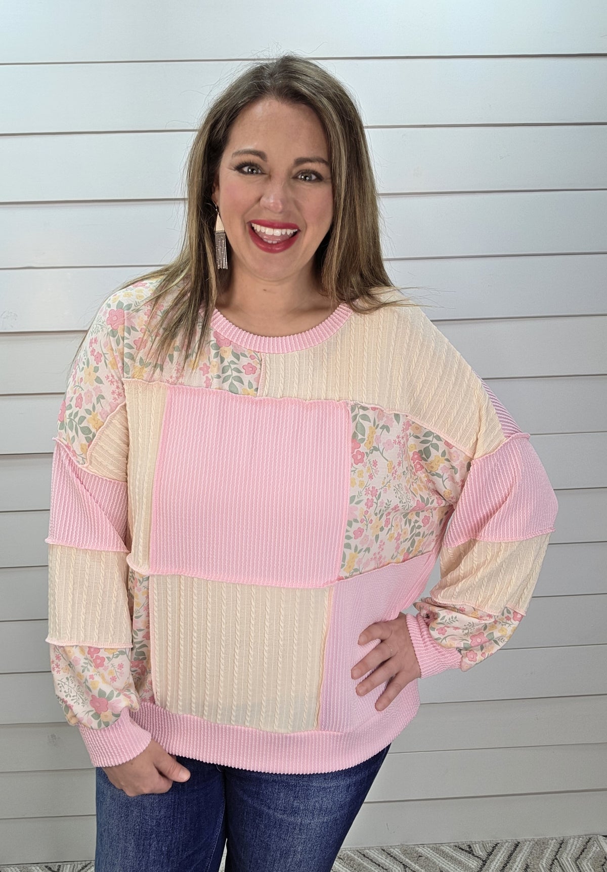 PINK/FLORAL RAISED RIBBED PATCHWORK KNIT TOP