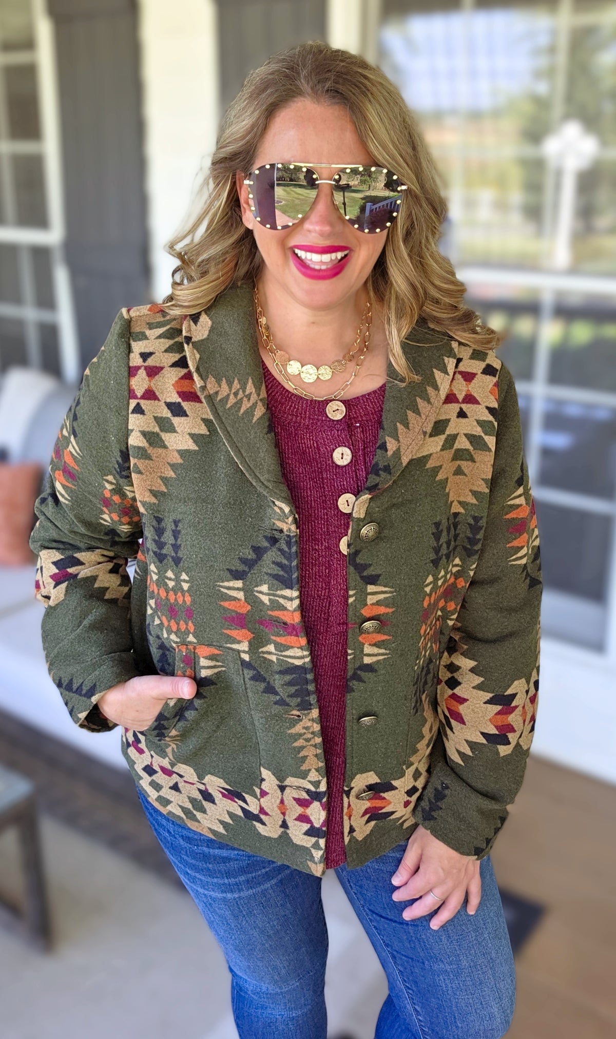 KAREN HART HUNTER GREEN AZTEC BUTTON JACKET