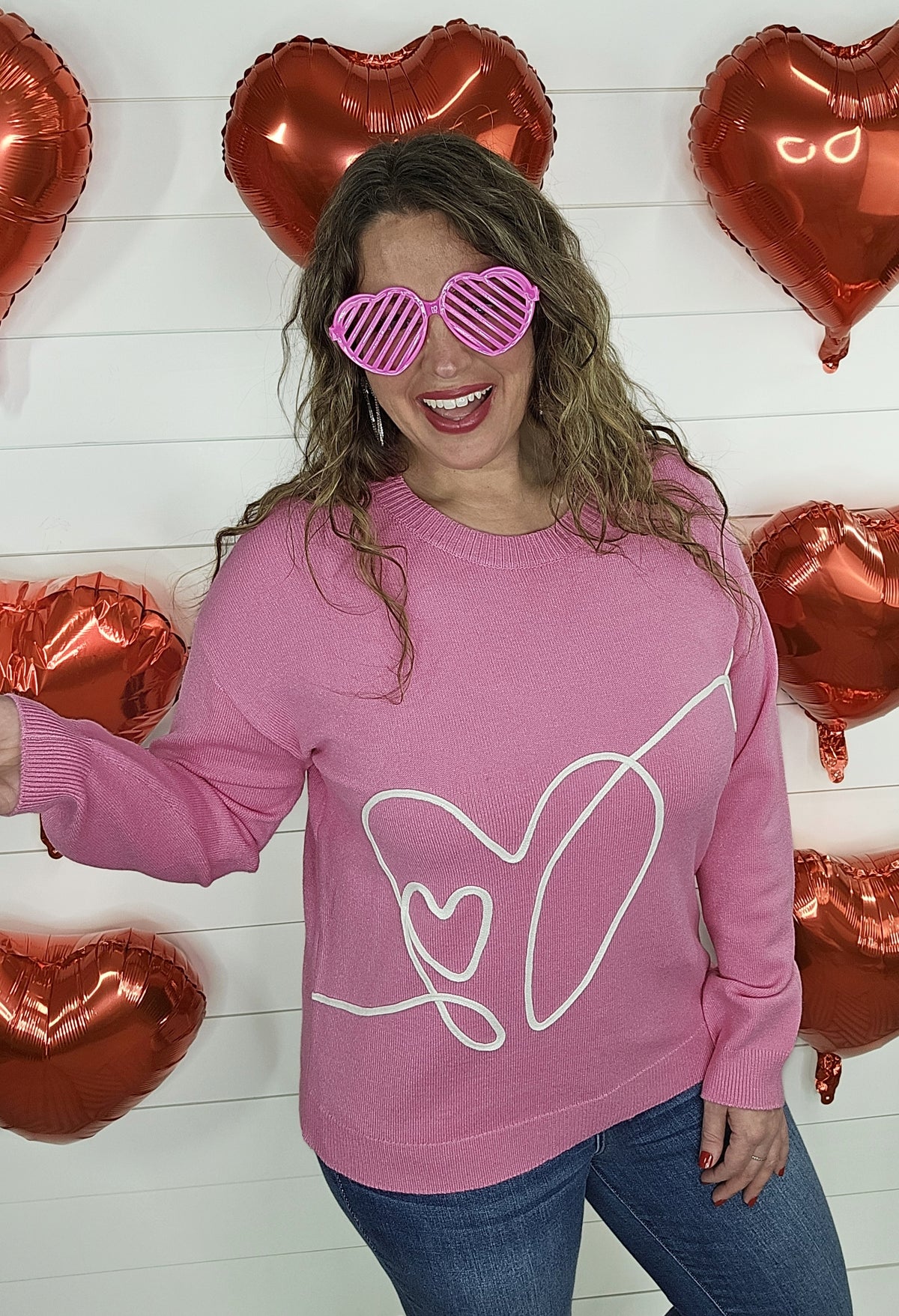 HOT PINK HEART EMBROIDRED SWEATER