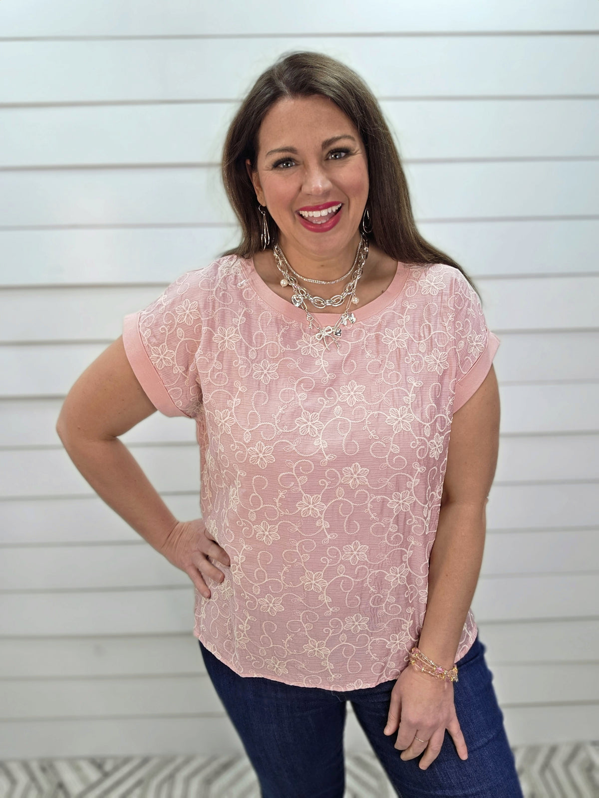 BLUSH FLORAL EMBROIDERED KNIT TOP W/ CAP SLEEVE