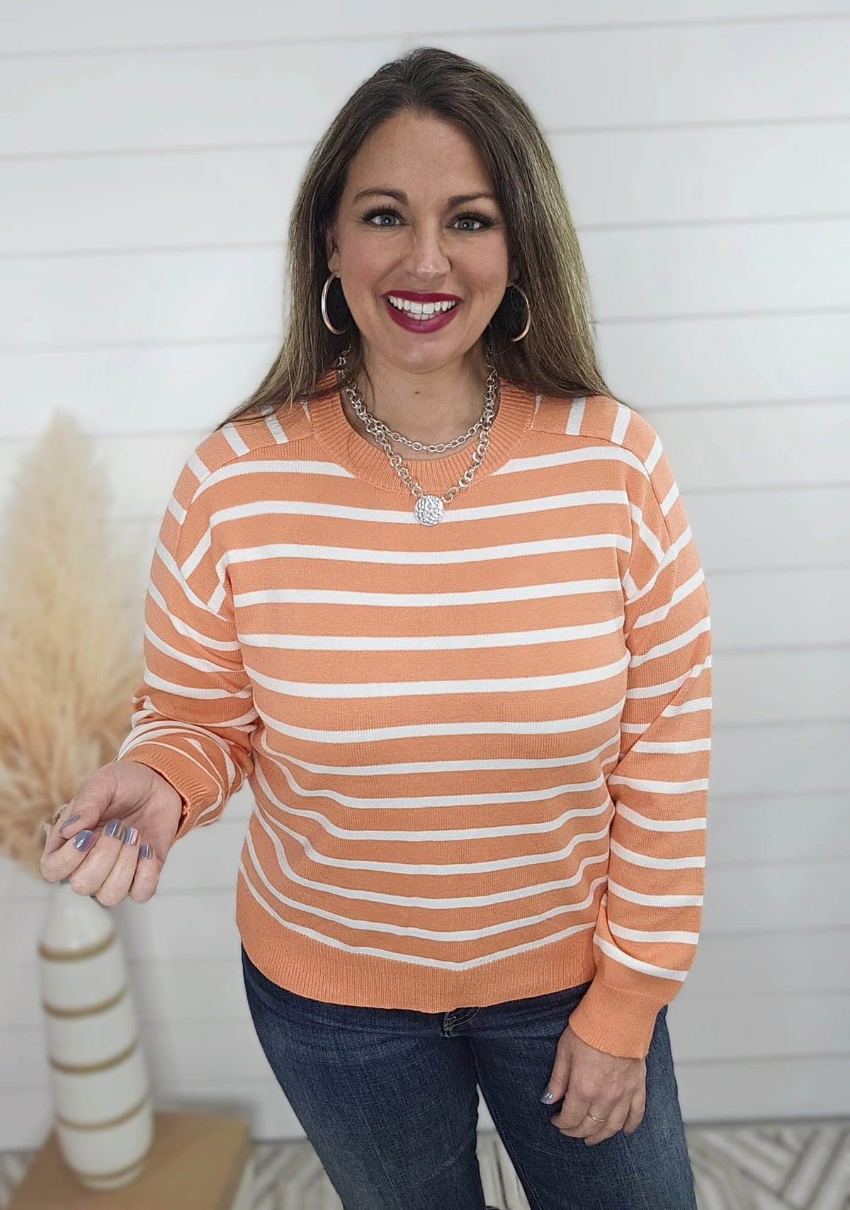 CORAL/WHITE STRIPED SOFT SWEATER