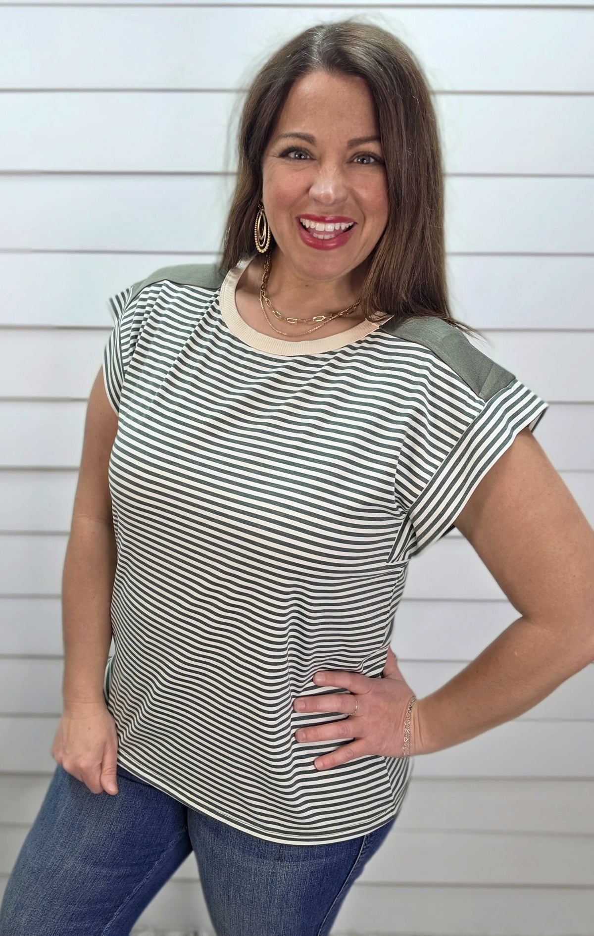 OLIVE STRIPED CAP SLEEVE KNIT TOP