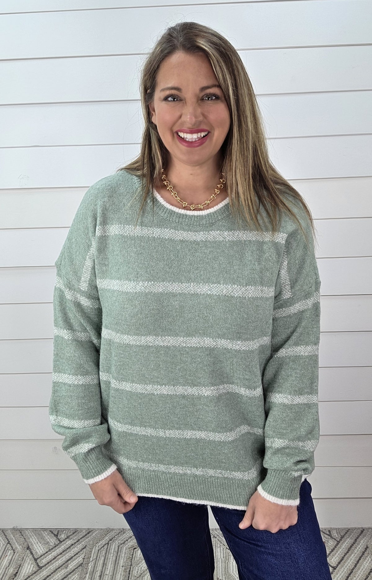SAGE/CREAM STRIPED KNIT LIGHT WEIGHT SWEATER