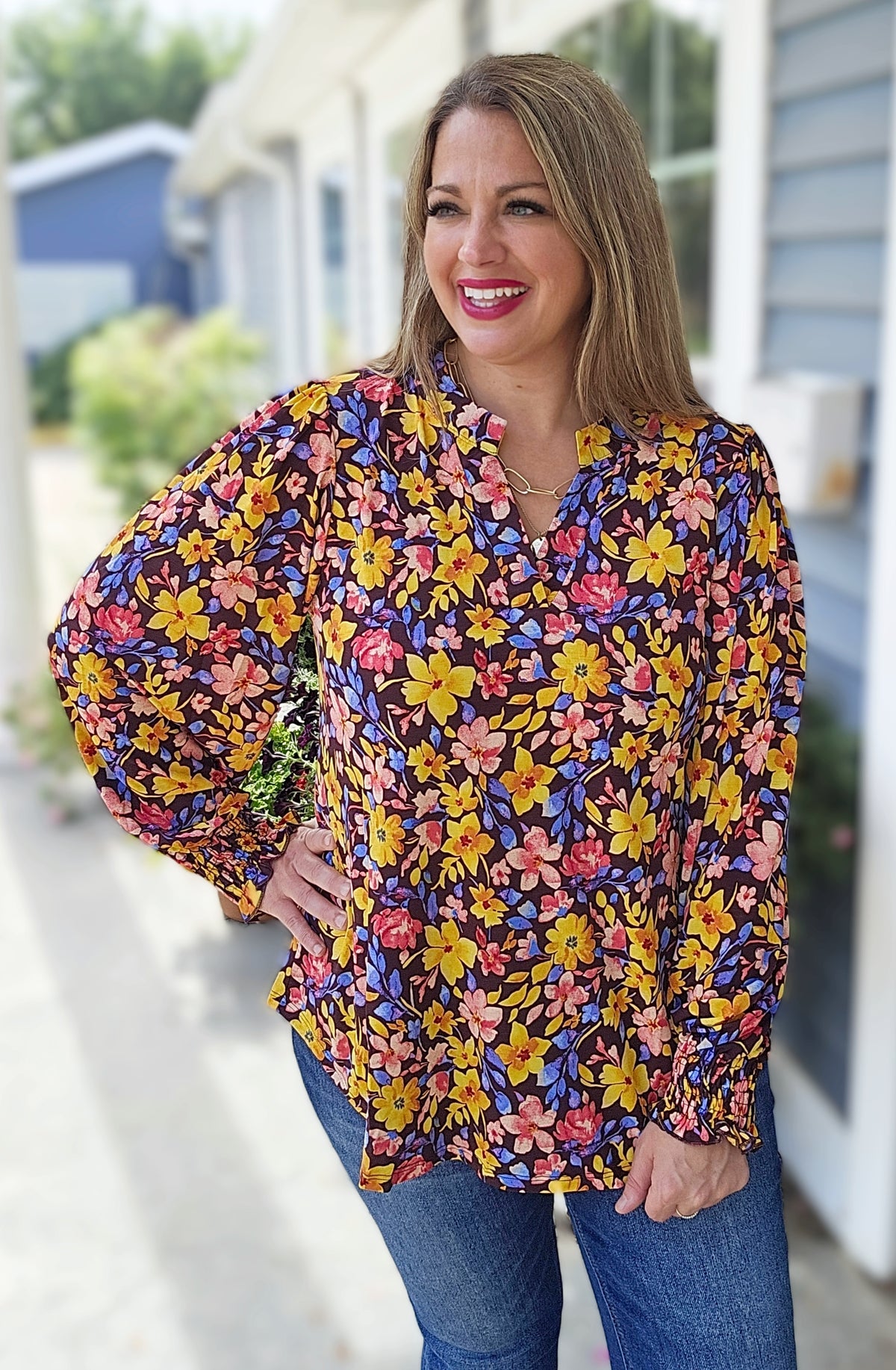 DEAR SCARLETT CHOCOLATE MULTI FLORAL LONG SLEEVE SMOCKED LIZZY