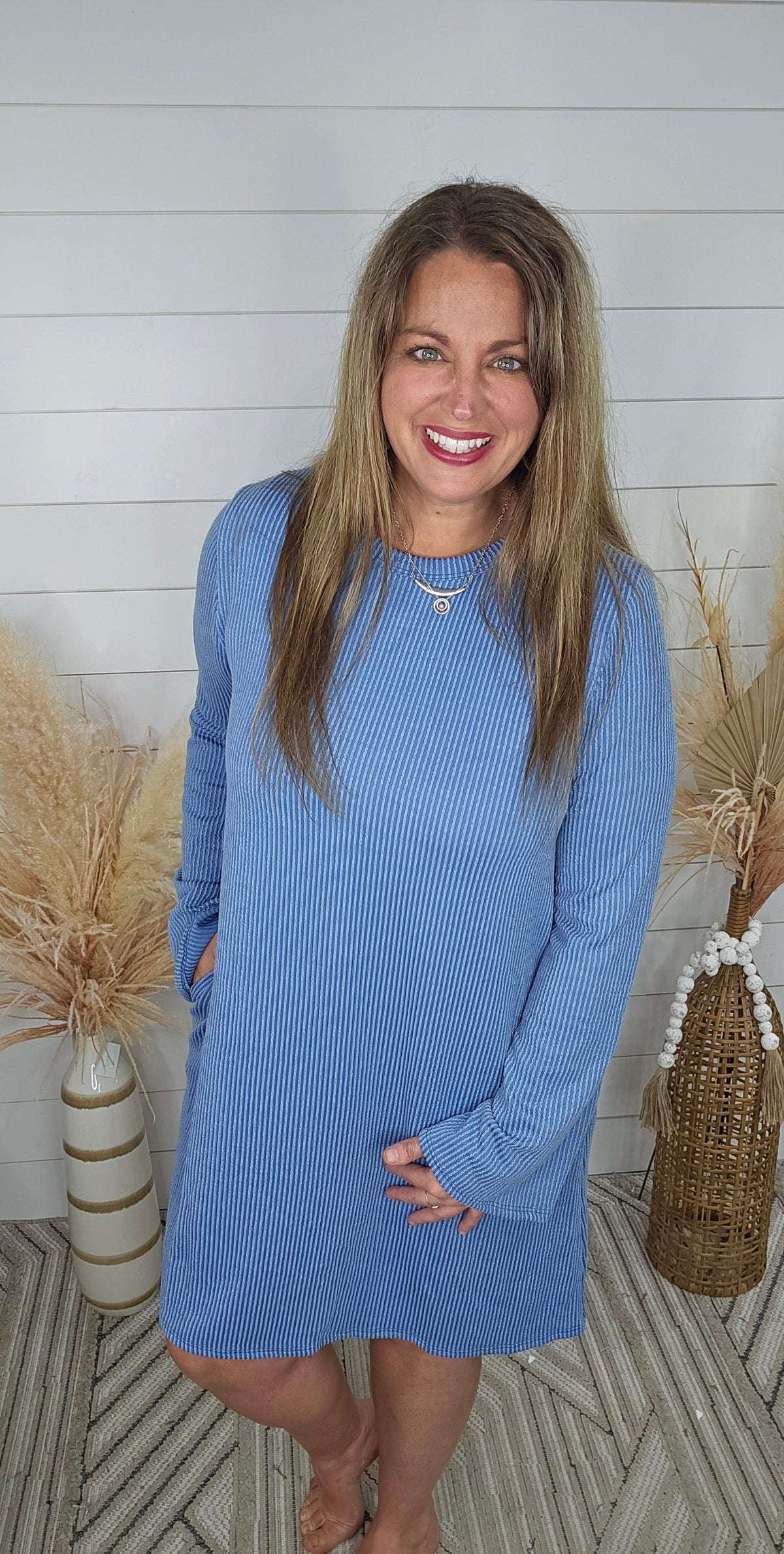 VINTAGE DENIM RAISED RIBBED LONG SLEEVE KNIT DRESS