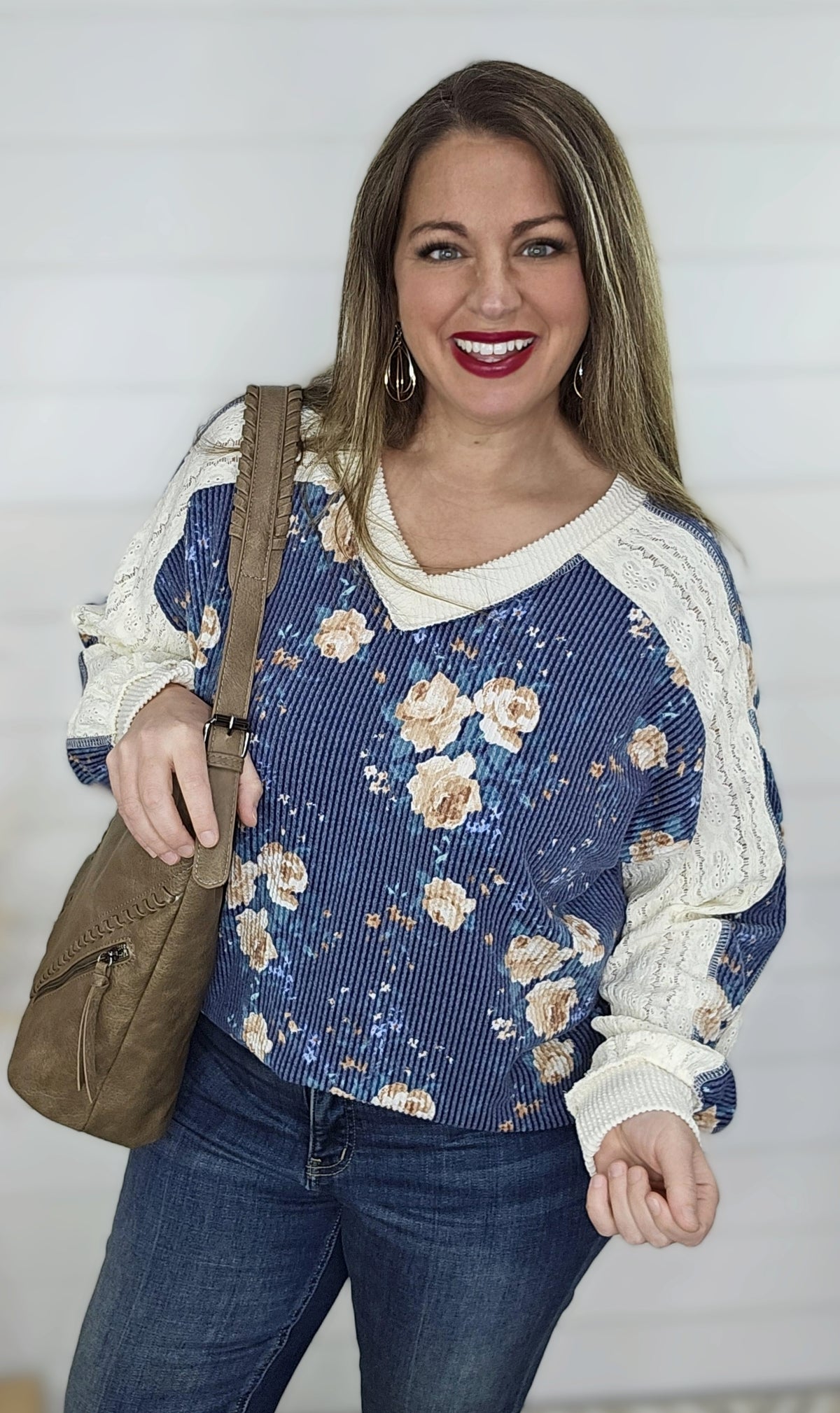 NAVY FLORAL RAISED RIBBED LACE CONTRAST TOP