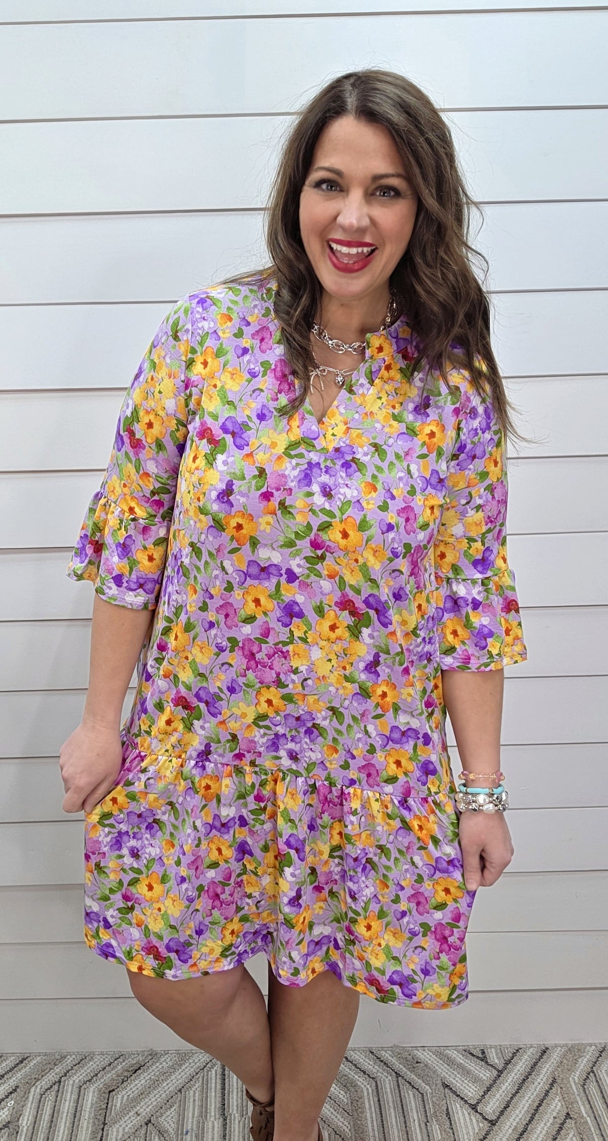 DEAR SCARLETT SUNDAY 3/4 SLEEVE RUFFLE DETAIL DRESS - LILAC/YELLOW FLORAL