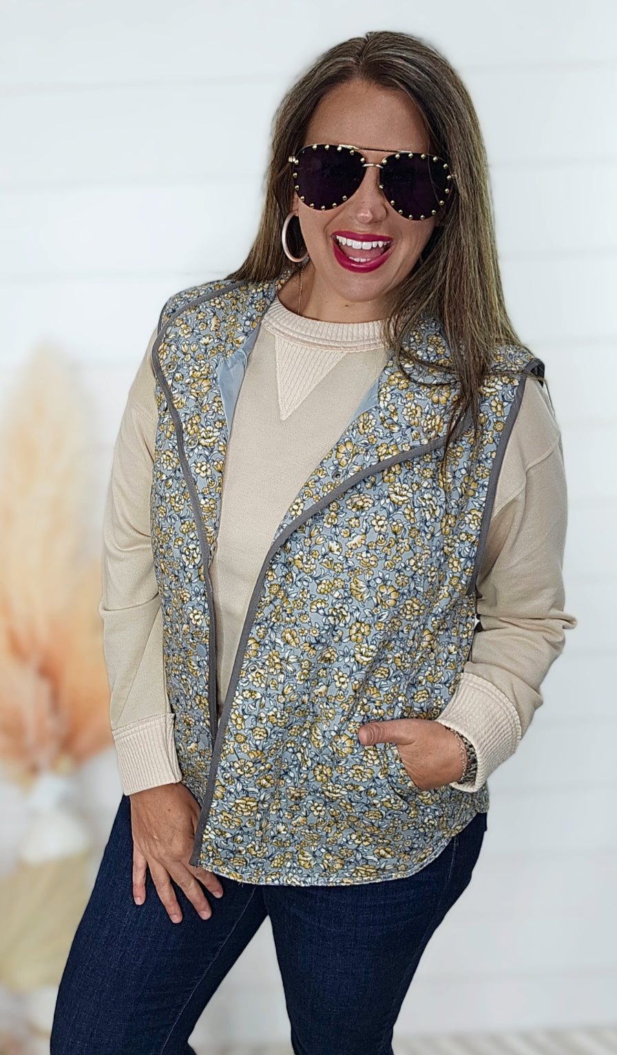 GREY FLORAL PADDED SNAP BUTTON VEST