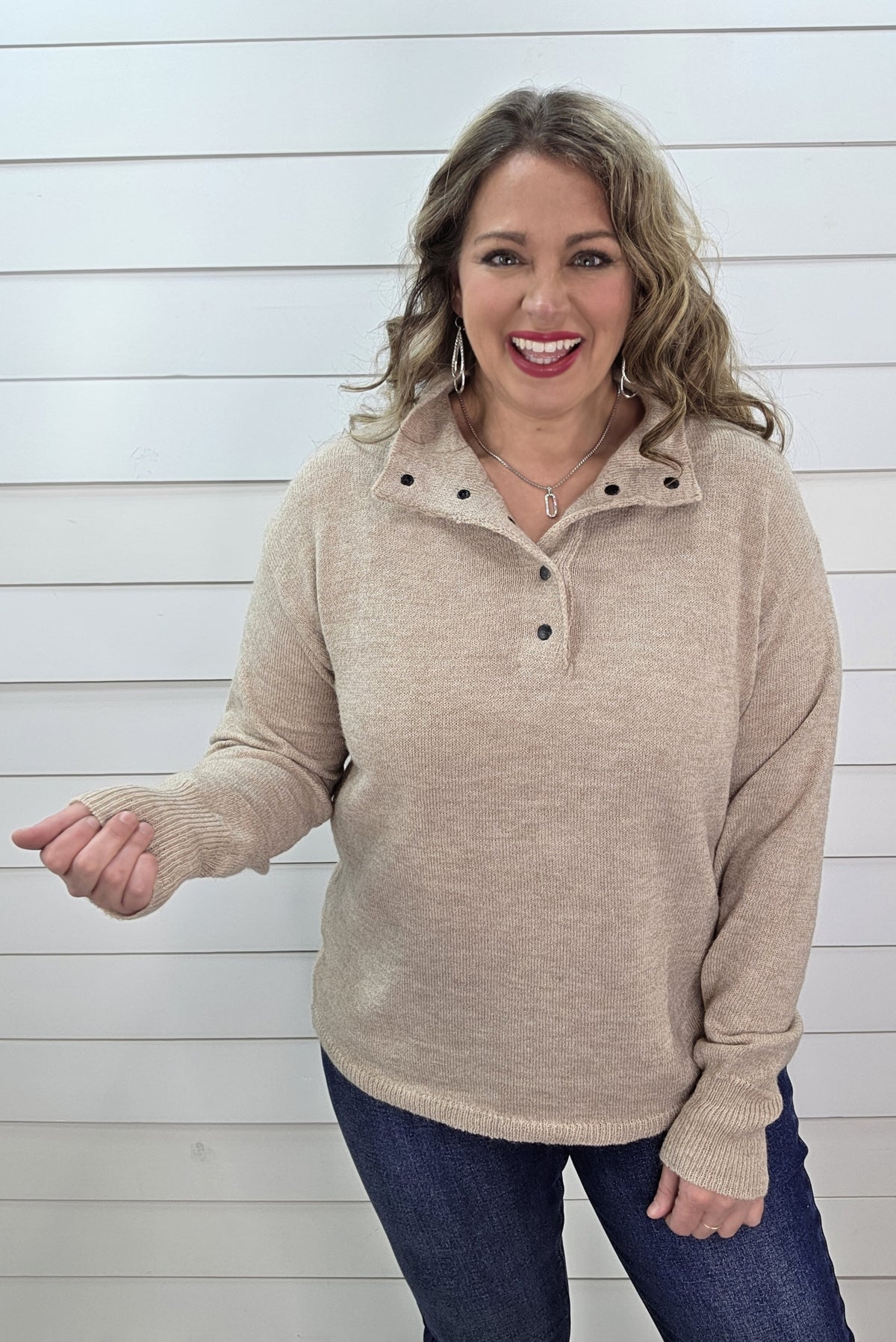 TAUPE QUARTER SNAP SOFT PULLOVER SWEATER