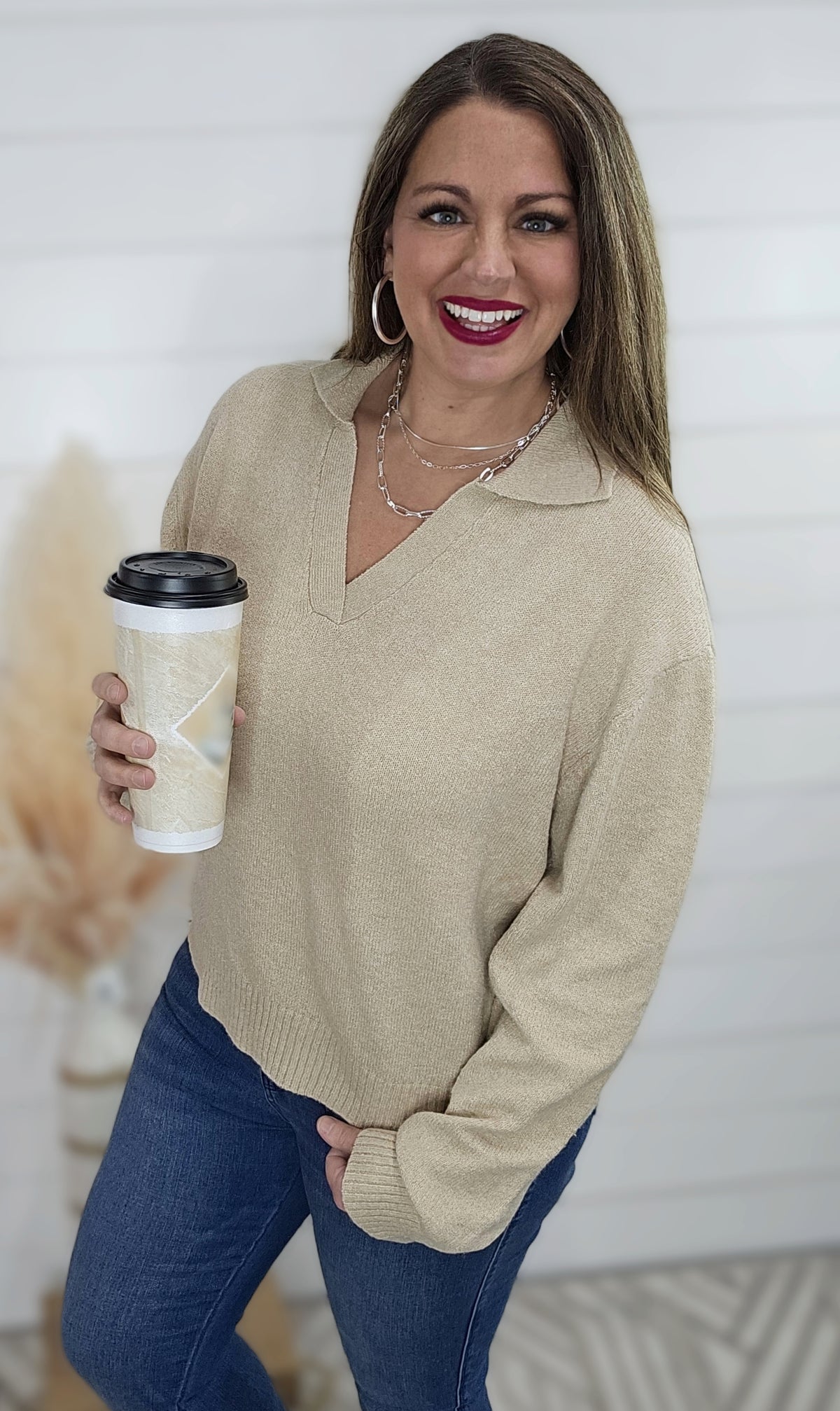 TAUPE KNIT V NECK COLLAR SWEATER