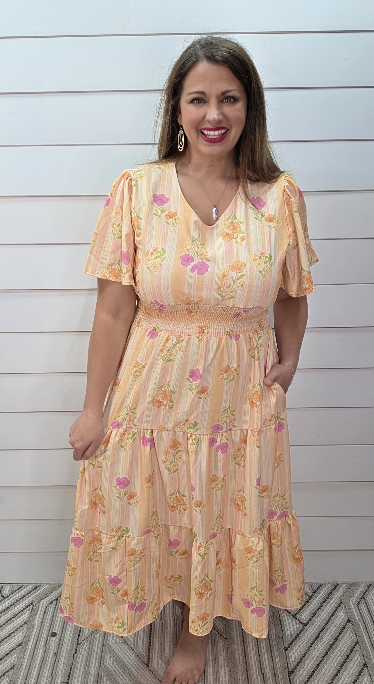 PEACH STRIPED/FLORAL ELASTIC WAIST V NECK LONG DRESS