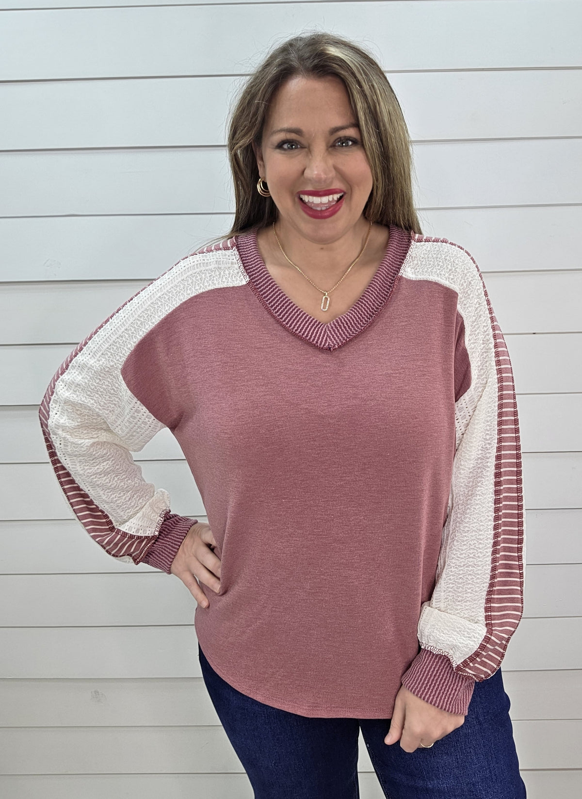 MAUVE FRENCH TERRY LACE/STRIPED CONTRAST SLEEVE TOP