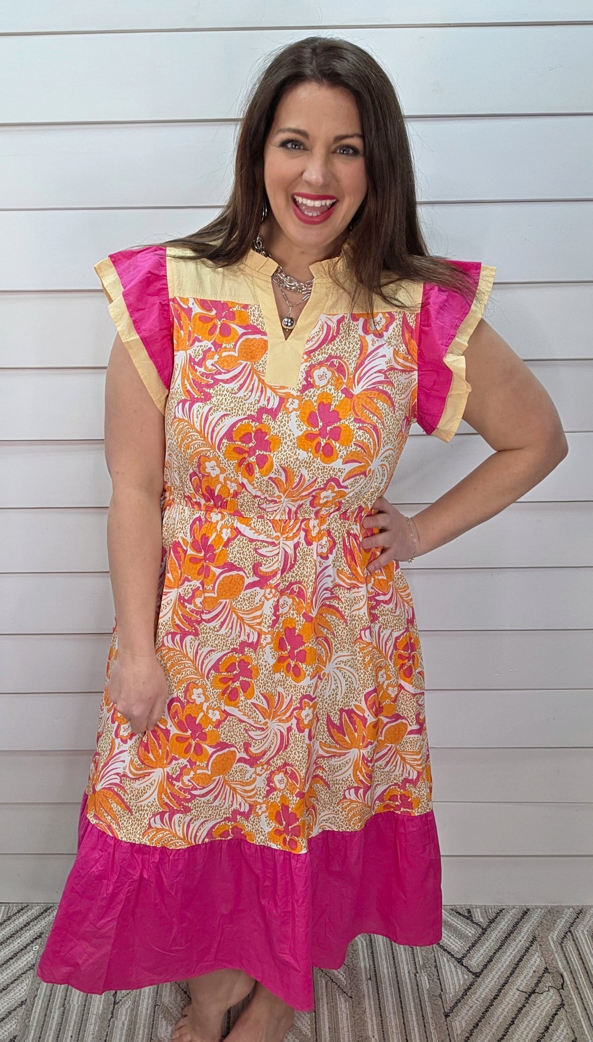 ROSE/YELLOW FLORAL ELASTIC WAIST DRESS