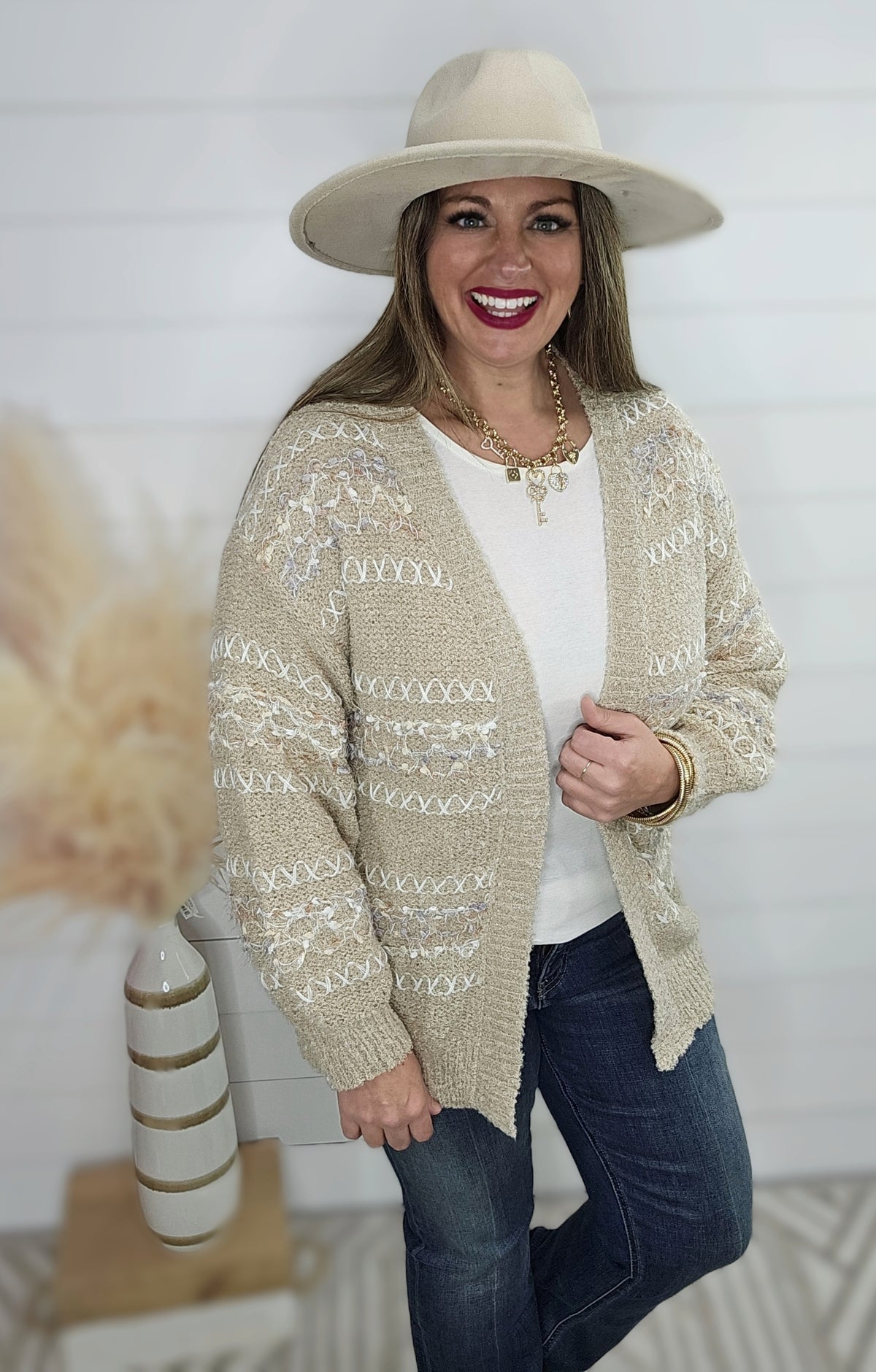 MOCHA STITCH/POPCORN CONTRAST OPEN FRONT CARDIGAN