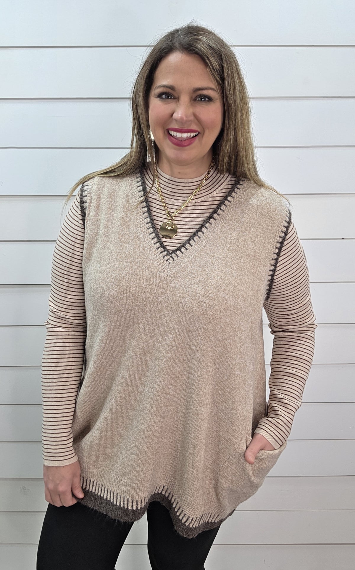 MOCHA V NECK STITCH FINISH LONG SWEATER VEST