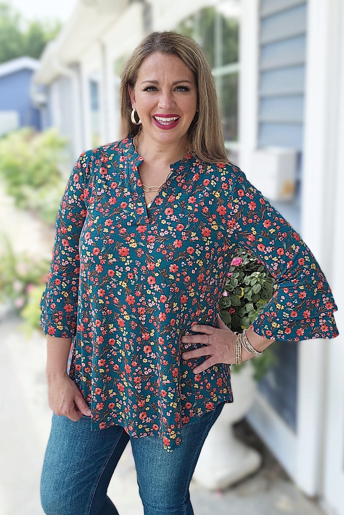 DEAR SCARLETT TEAL/HOT CORAL FLORAL DOUBLE BELL LIZZY