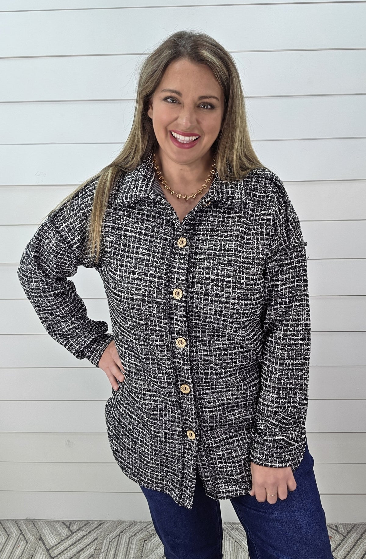 BLACK/CREAM GLITZ PLAID SOFT TWEED BUTTON DOWN