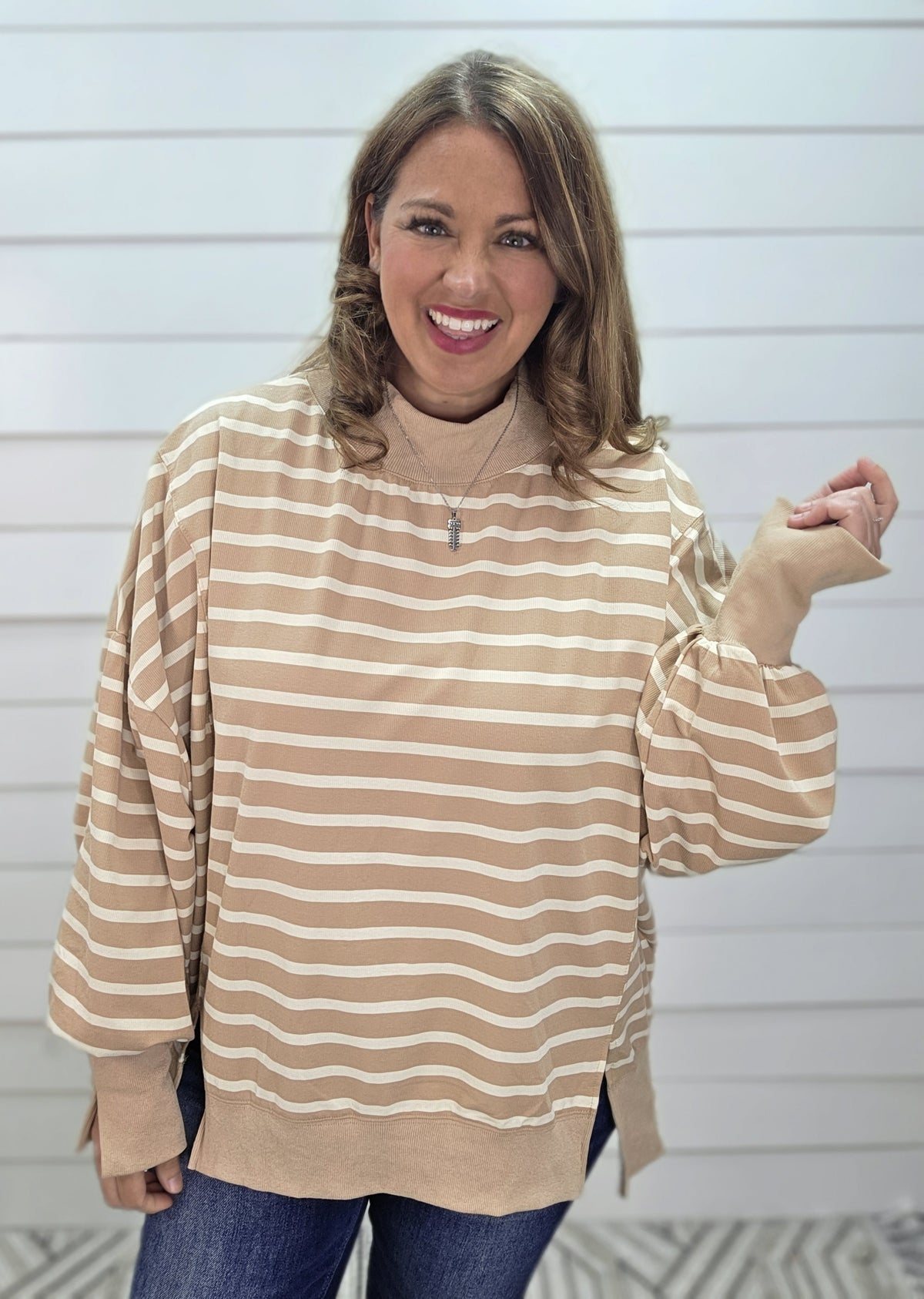 TAUPE/CREAM STRIPED MOCK NECK OVERSIZED KNIT TOP