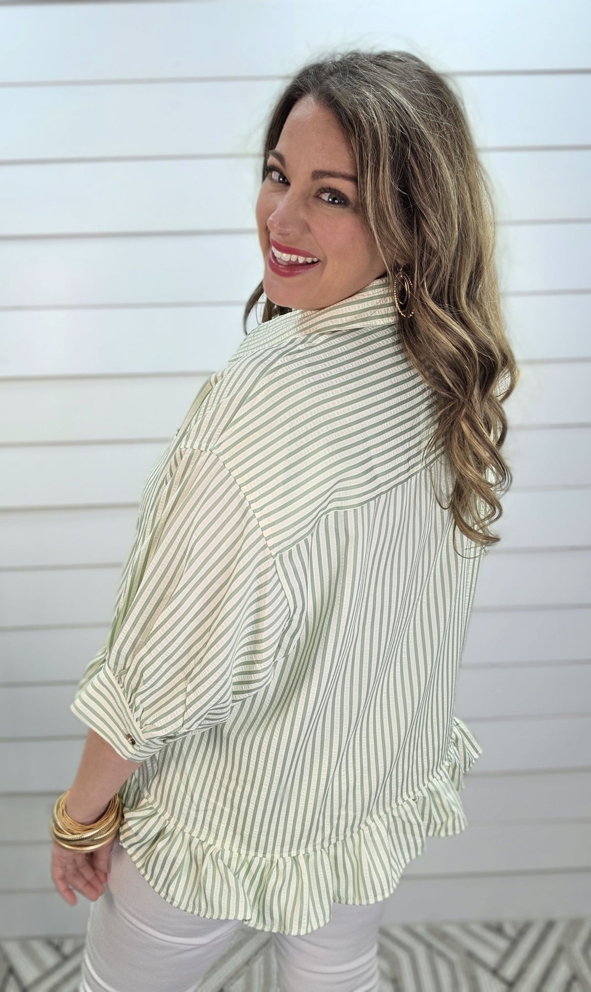 SAGE STRIPED BUTTON DOWN RUFFLE TOP