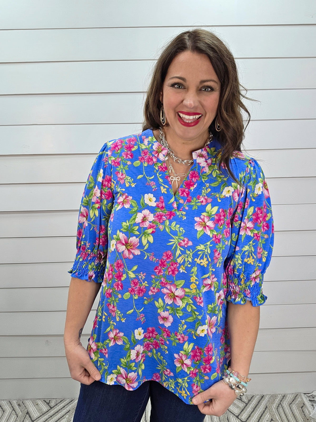 DEAR SCARLETT SMOCKED TOP - OCEAN BLUE/PINK FLORAL