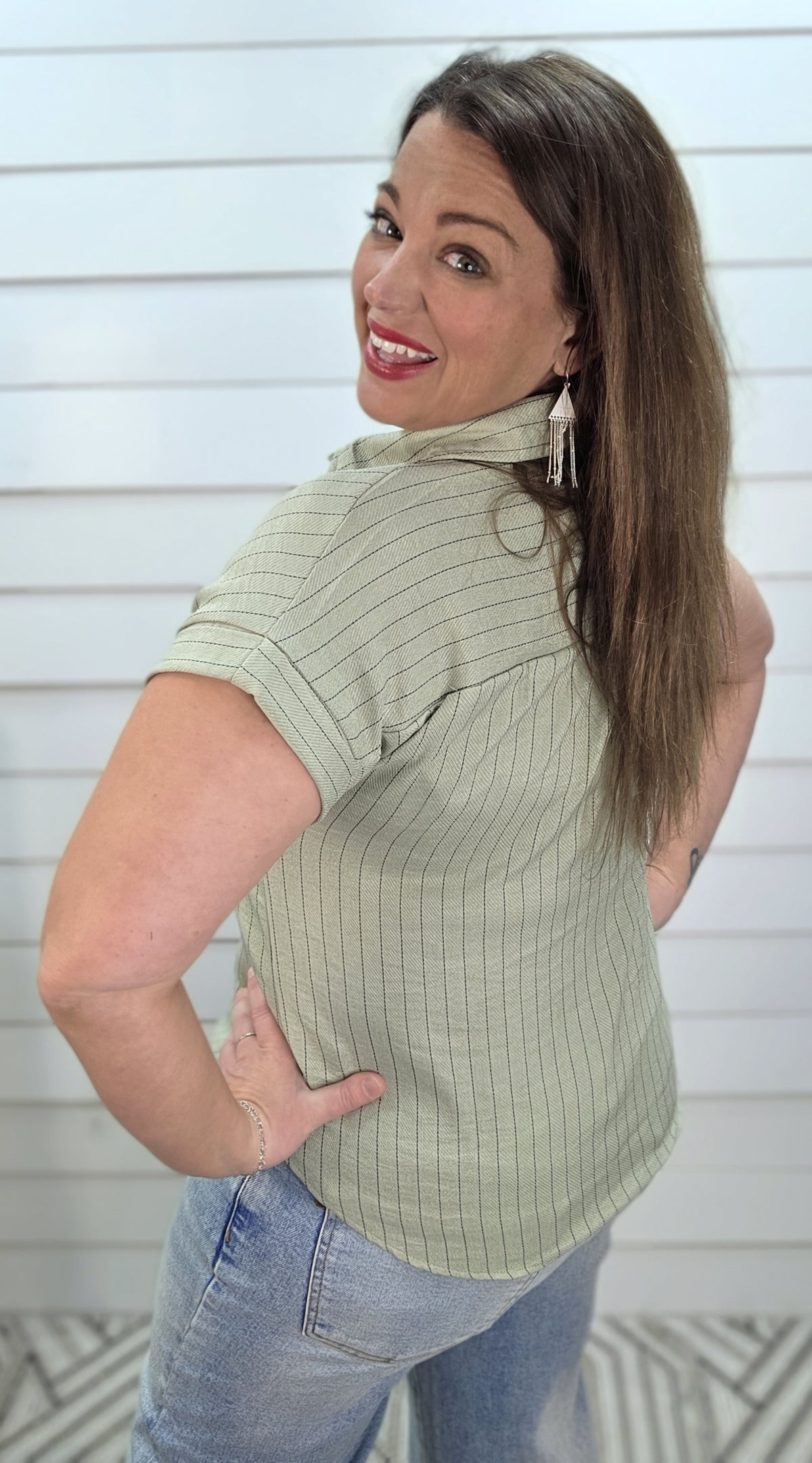 LIGHT OLIVE PINSTRIPED HALF BUTTON TOP