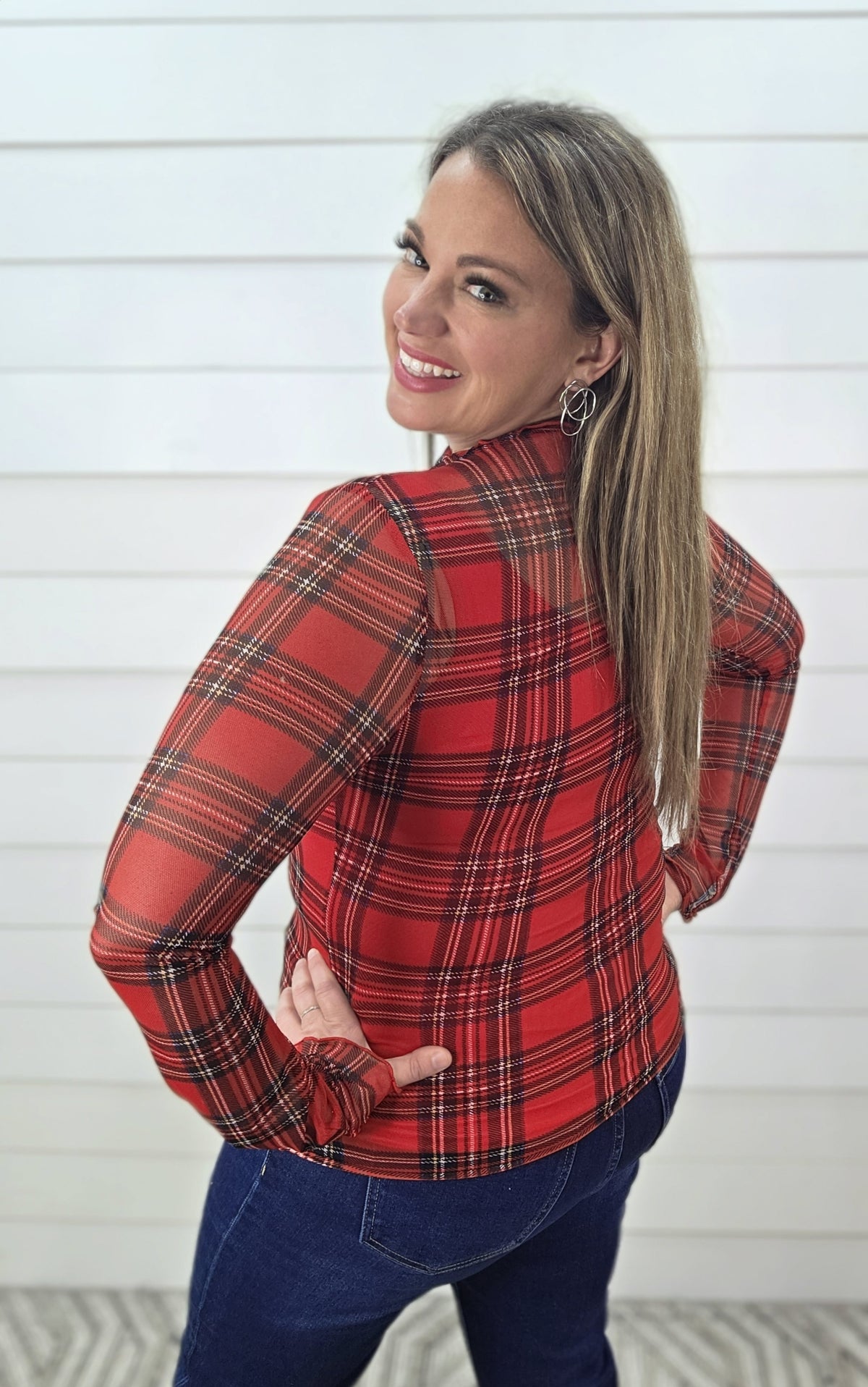 RED PLAID MESH TOP